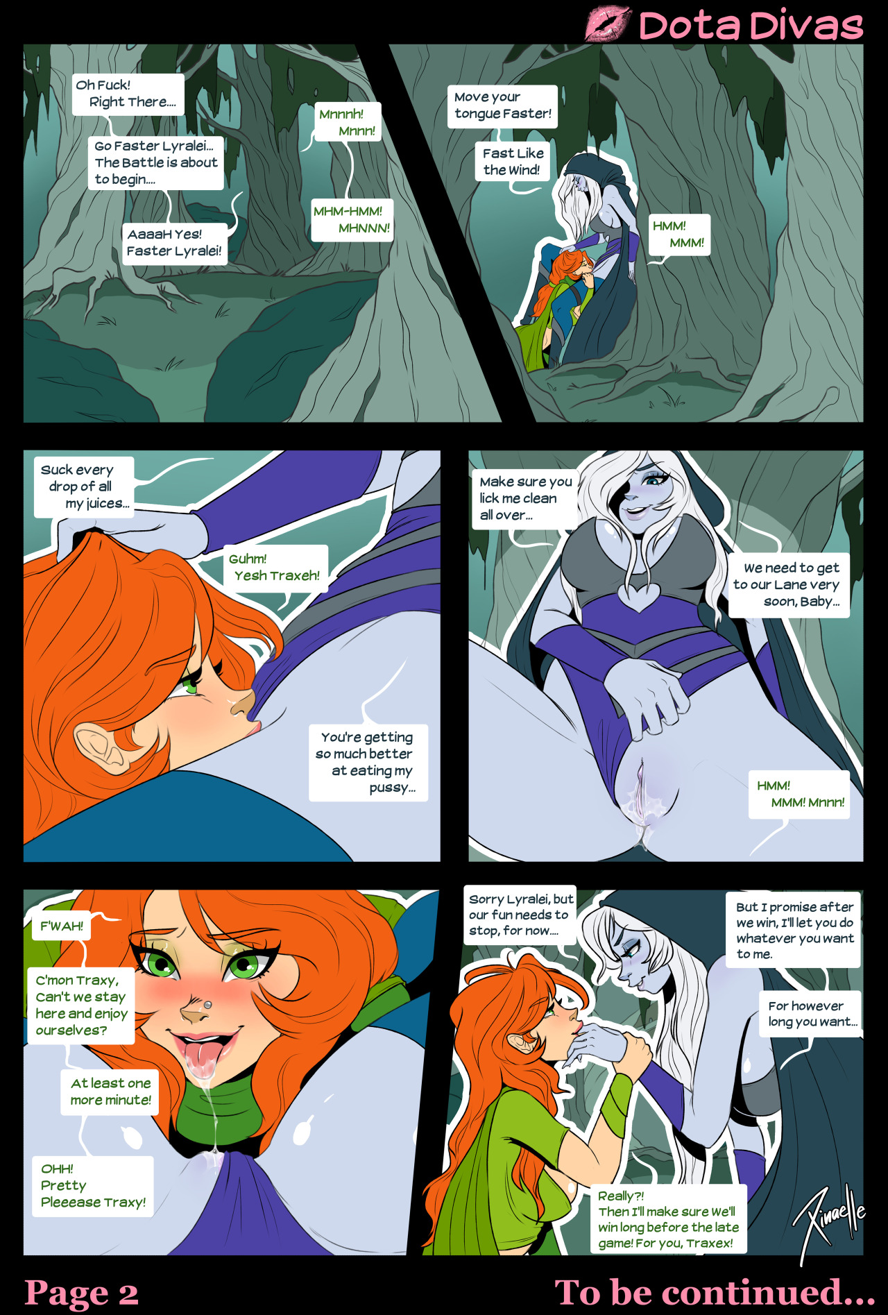 2017, 2girls, comic, cunnilingus, dota 2, drow ranger, english text, female, female only, green eyes, lipstick, multiple females, multiple girls, page 2, page number, tagme, windranger, xinaelle, yuri