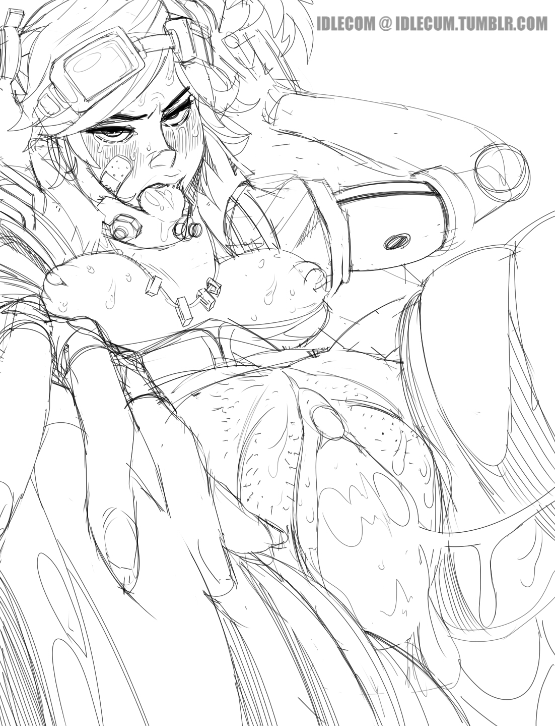 1girls, 2d, borderlands, borderlands 2, breasts, clitoris, cum, cum in pussy, cum inside, cum trail, female, female only, gaige (borderlands), gaping pussy, goggles, idlecil, monochrome, nipples, pubic stubble, pussy, sketch, solo, solo female, vaginal penetration