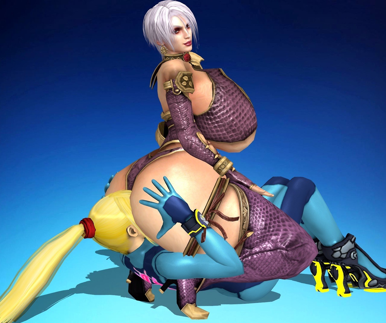 2girls, 3d, ass, ass grab, blonde hair, central-tides, crossover, curvy, female, female only, high heels, huge ass, isabella valentine, long hair, metroid, naughty face, nintendo, ponytail, samus aran, short hair, sitting on face, soul calibur, thick thighs, thigh boots, thong, white hair, wide hips, xnalara, xps, yuri, zero suit