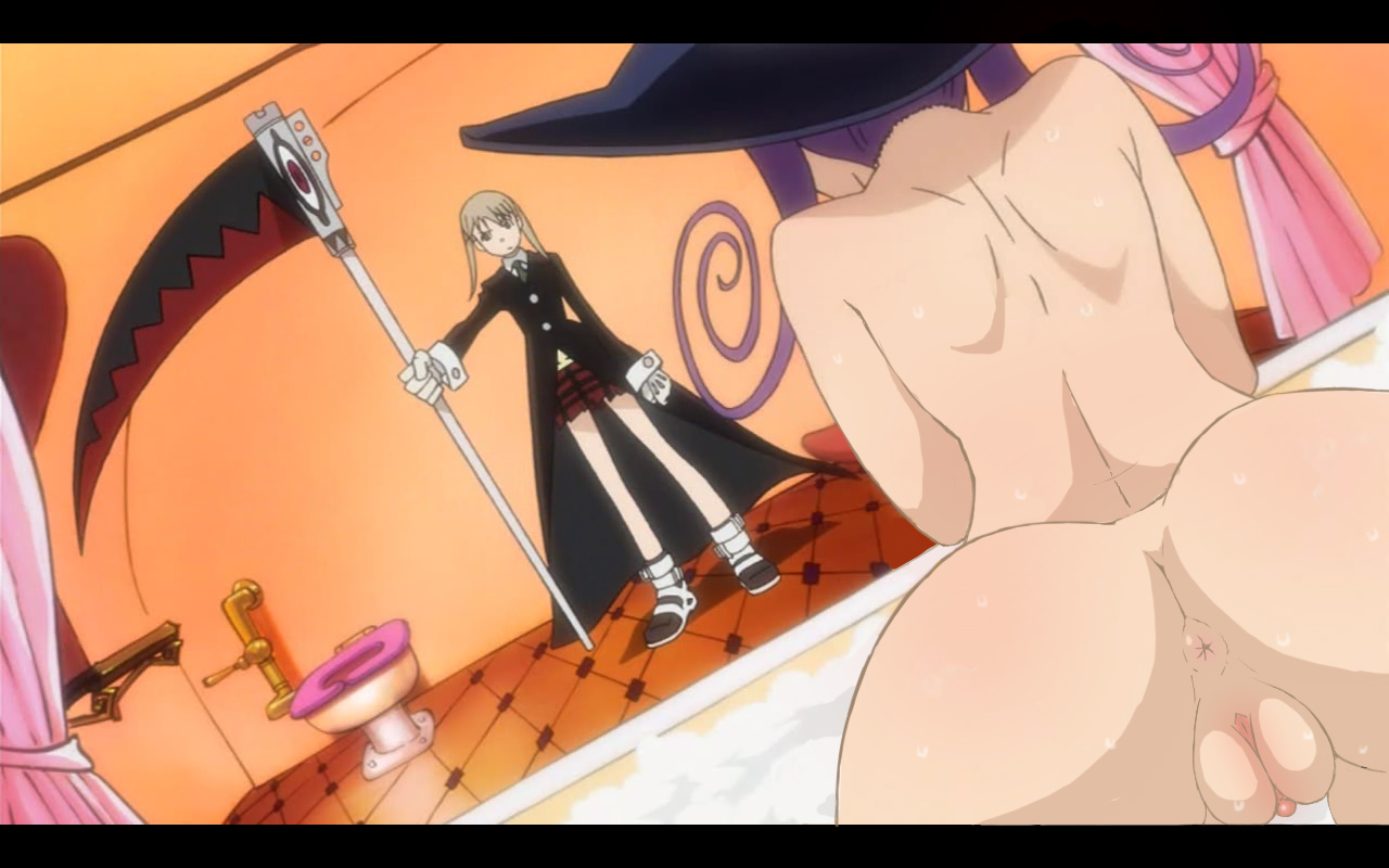 anus, anus peek, ass, ass focus, backside, bath, bathing, bathroom, big ass, blair (soul eater), bubble ass, bubble butt, cat girl, catgirl, clothes, clothing, edit, female, female focus, hat, maka albarn, naked, nude, nude female, purple hair, pussy, pussy focus, pussy lips, shower, skirt, soul eater, soul eater evans, standing, tight, weapon, wide hips