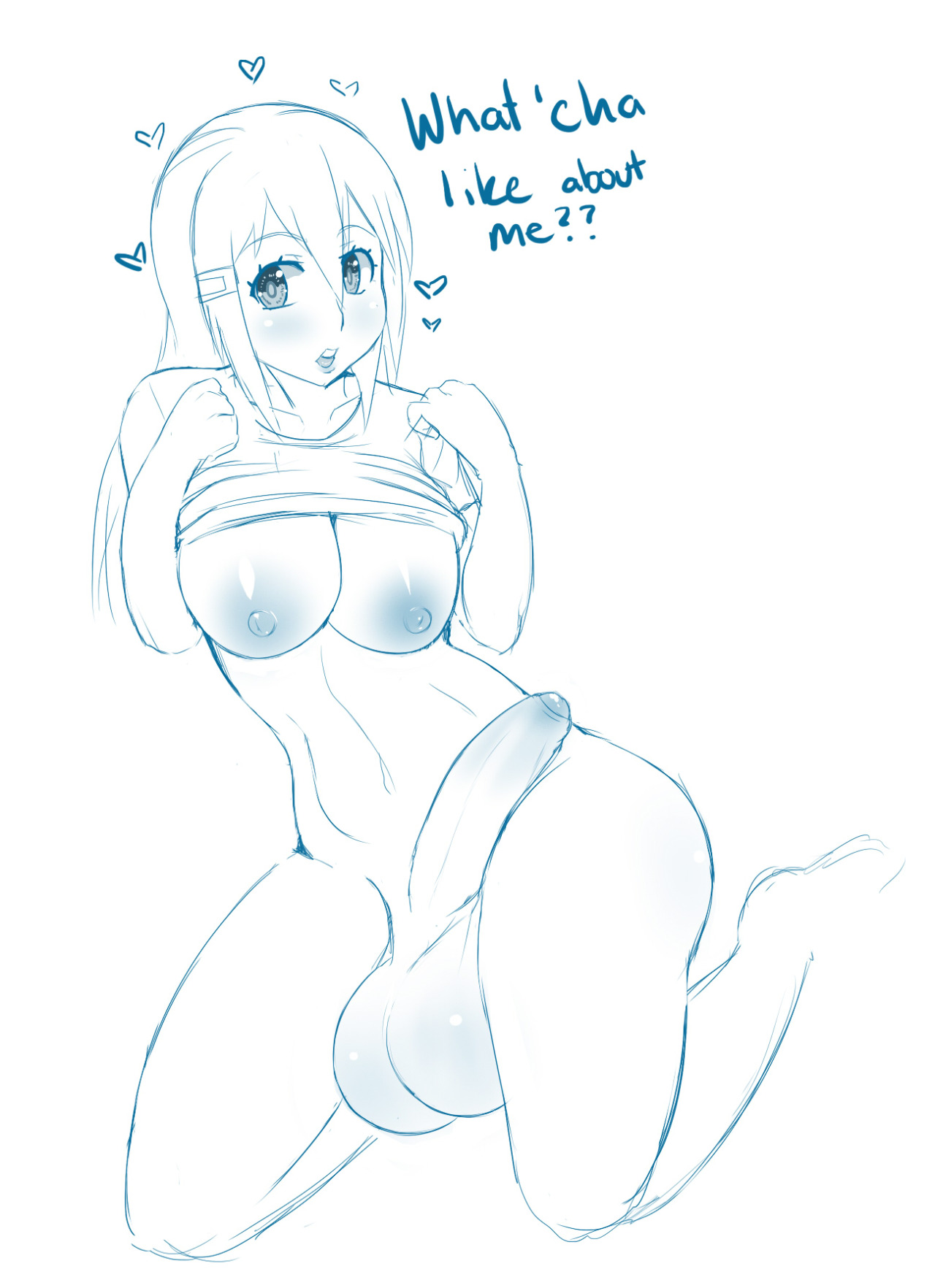 1futa, balls, big balls, big breasts, breasts, breasts out, caption, dickgirl, futanari, gaikiken, heart, hearts, intersex, looking at viewer, solo futa, speech bubble, text