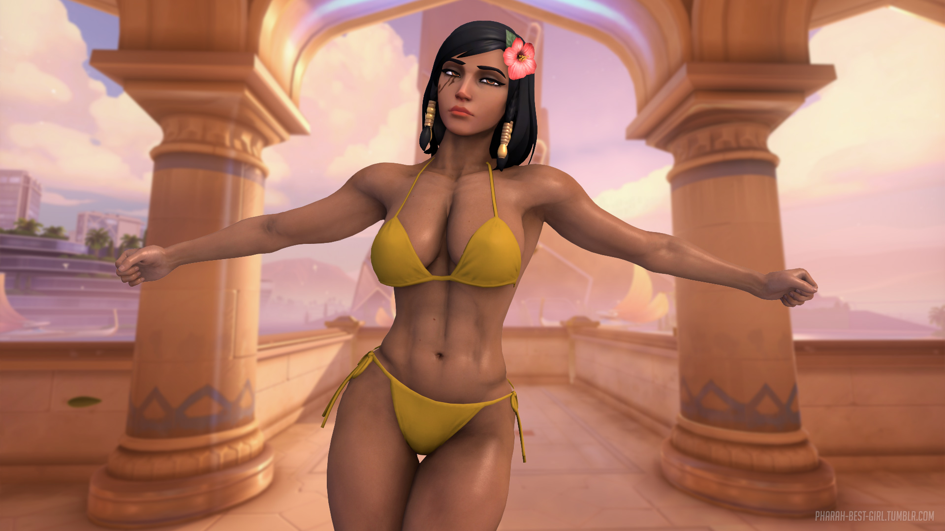 16:9, 3d, abs, bikini, black eyes, black hair, breasts, dark skin, dark-skinned female, female, flower, hair flower, hair ornament, highres, muscles, muscular, muscular female, overwatch, pharah, pharah-best-girl, source filmmaker, swimsuit