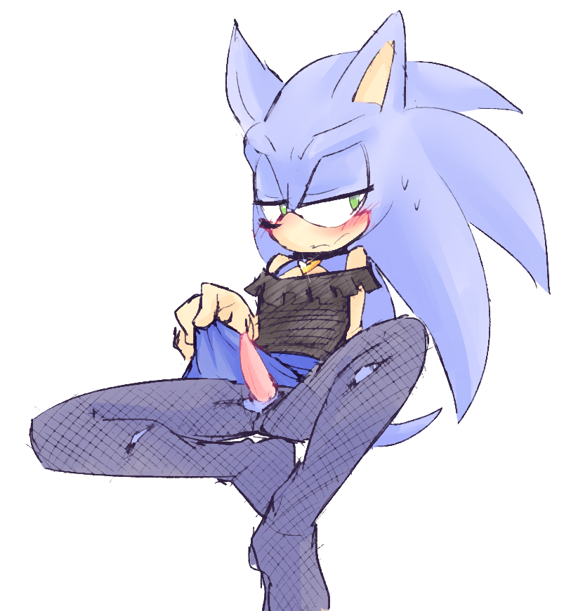 1boy blue_fur blush crossdressing femboy furry girly hedgehog leggings male male_only mammal penis sega solo sonic_(series) sonic_the_hedgehog stockings upskirt weresocks