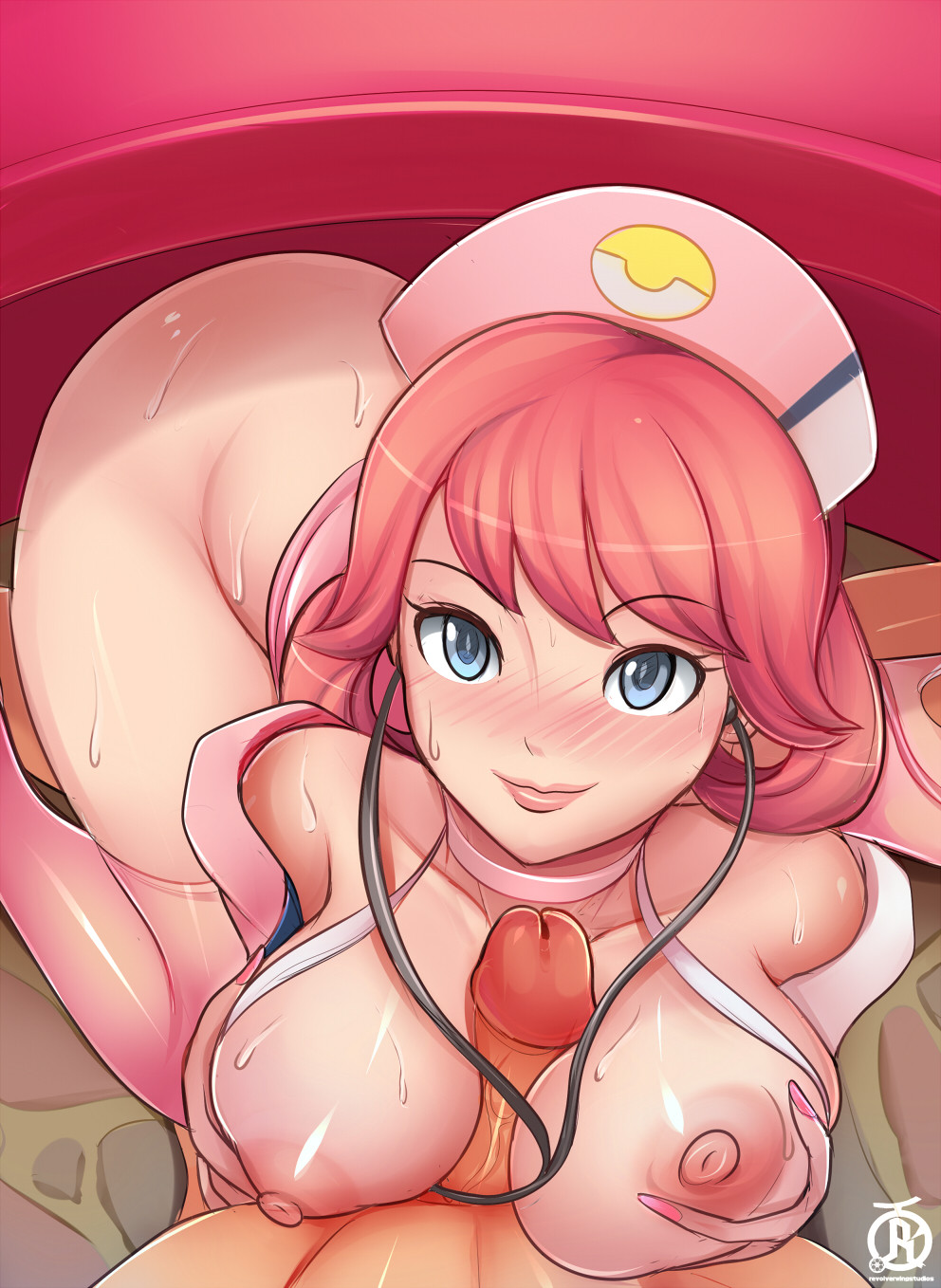 1girls, areolae, blush, breasts, clothing, erection, female, human, male, nintendo, nipples, nurse joy, nurse joy (alola), paizuri, pale skin, penis, pokemon, pokemon sm, pov, revolverwingstudios, straight, tagme, thighhighs