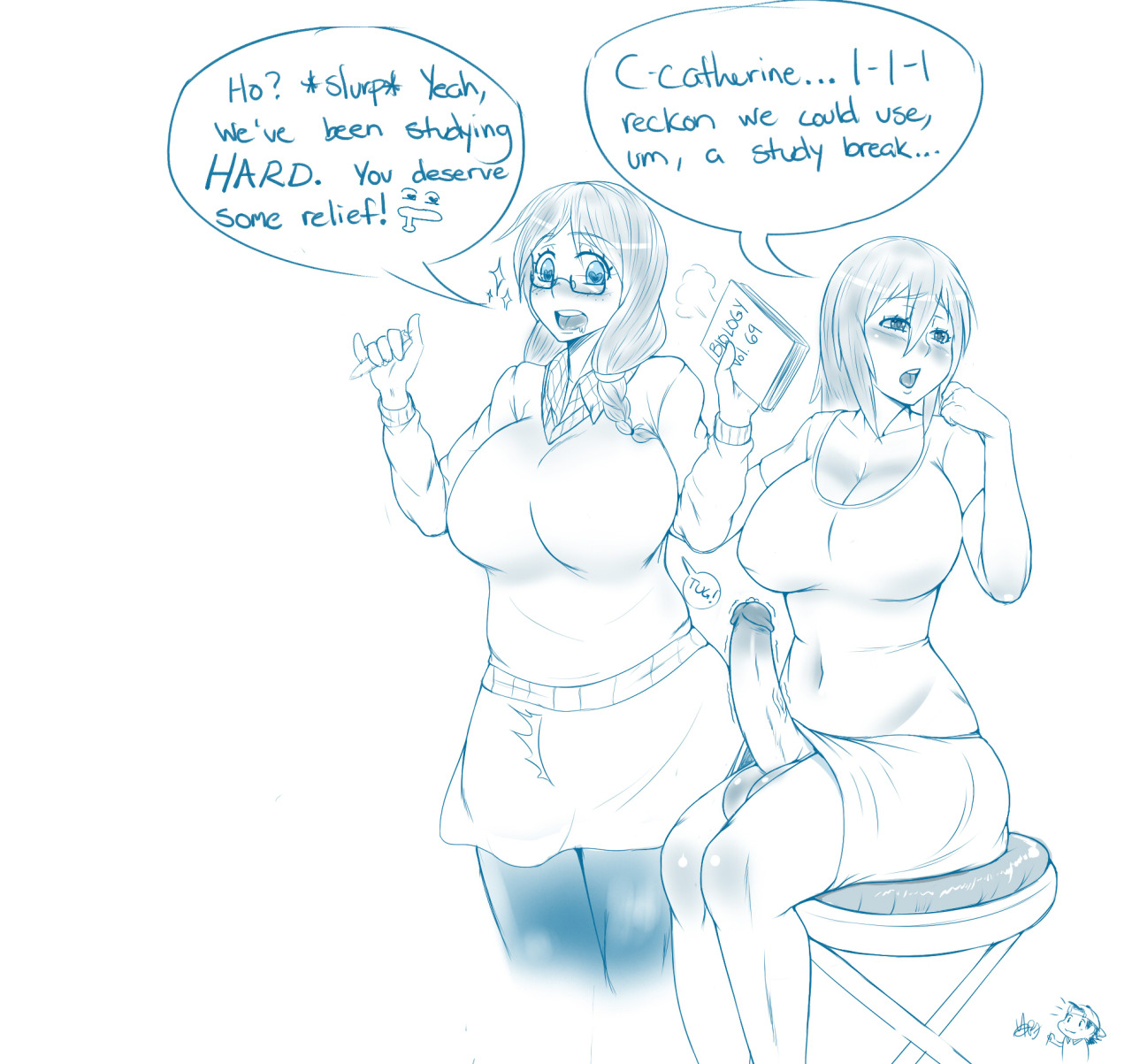 2girls, balls, big balls, blush, breasts, bulge, caption, catherine, clothes, female, futanari, gaikiken, glasses, heart, intersex, large breasts, large penis, monochrome, penis, speech bubble
