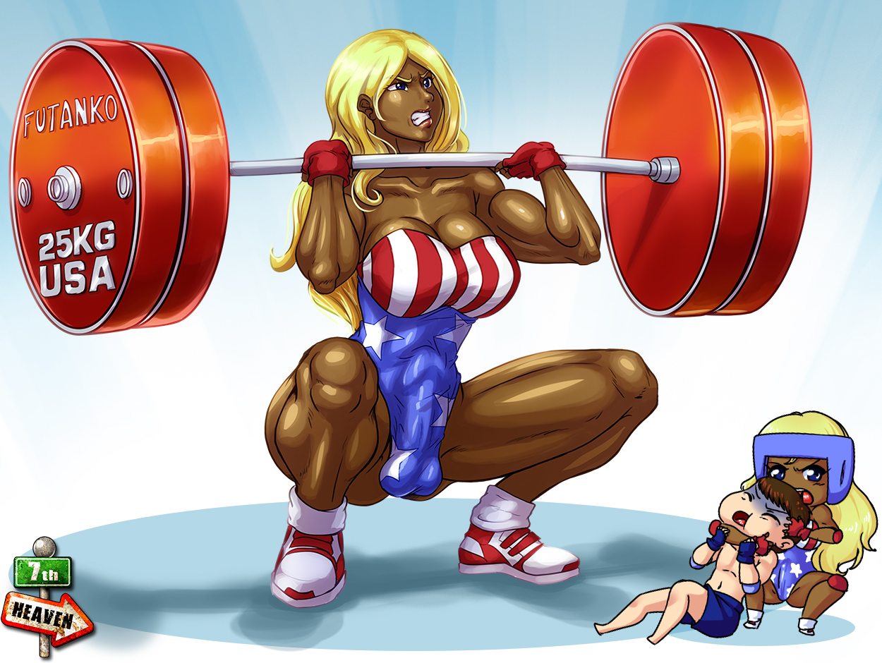 1boy, 1futa, 7th-heaven, american flag, balls, barbell, blonde hair, breasts, busty, clean and jerk, cleavage, dark skin, dark-skinned futa, eek! the cat, exercise, female, futa with male, futanari, headlock, intersex, leotard, leotard aside, male, mixed wrestling, muscles, muscular, muscular futa, penis, platinum (eek the cat), strong, testicles, voluptuous, wrestling, wrestling outfit