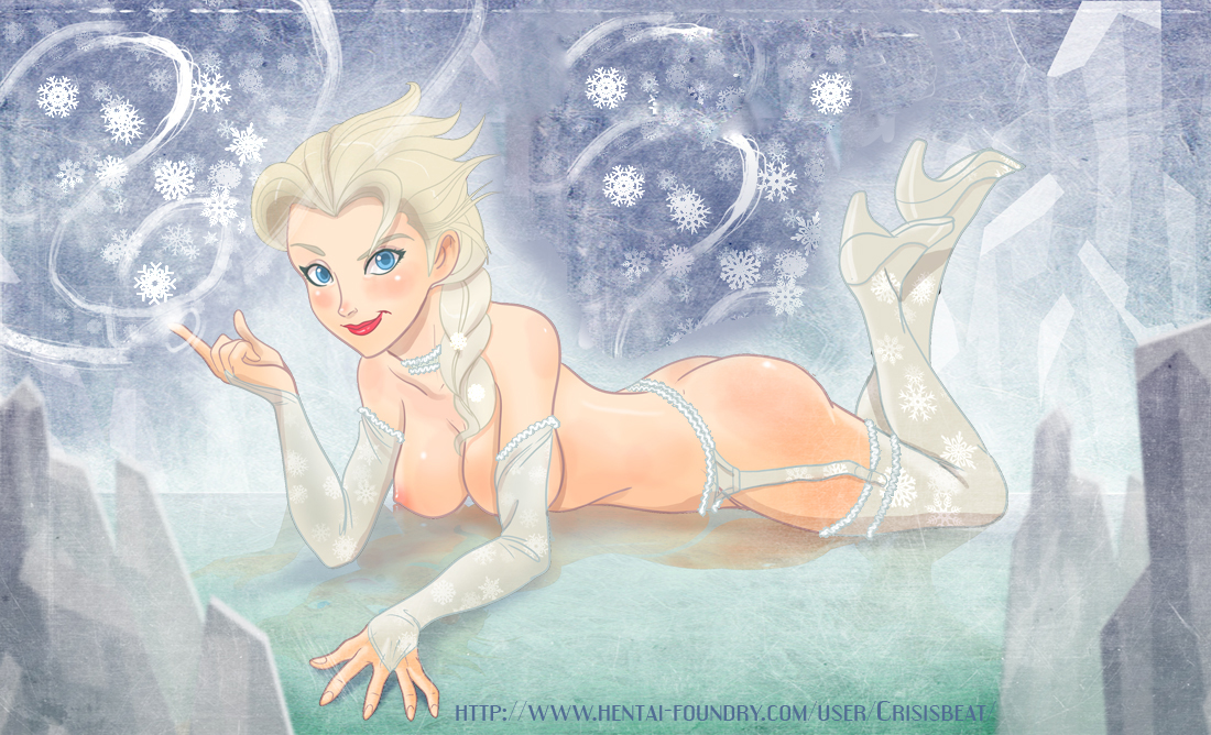 ass, blonde hair, blue hair, blush, braid, bridal gauntlets, choker, crisisbeat, disney, elsa (frozen), female, frozen (film), garter belt, garter straps, high heels, ice, index finger raised, long hair, looking at viewer, lying, nipples, single braid, snow, snowflake print, solo, stomach, thighhighs