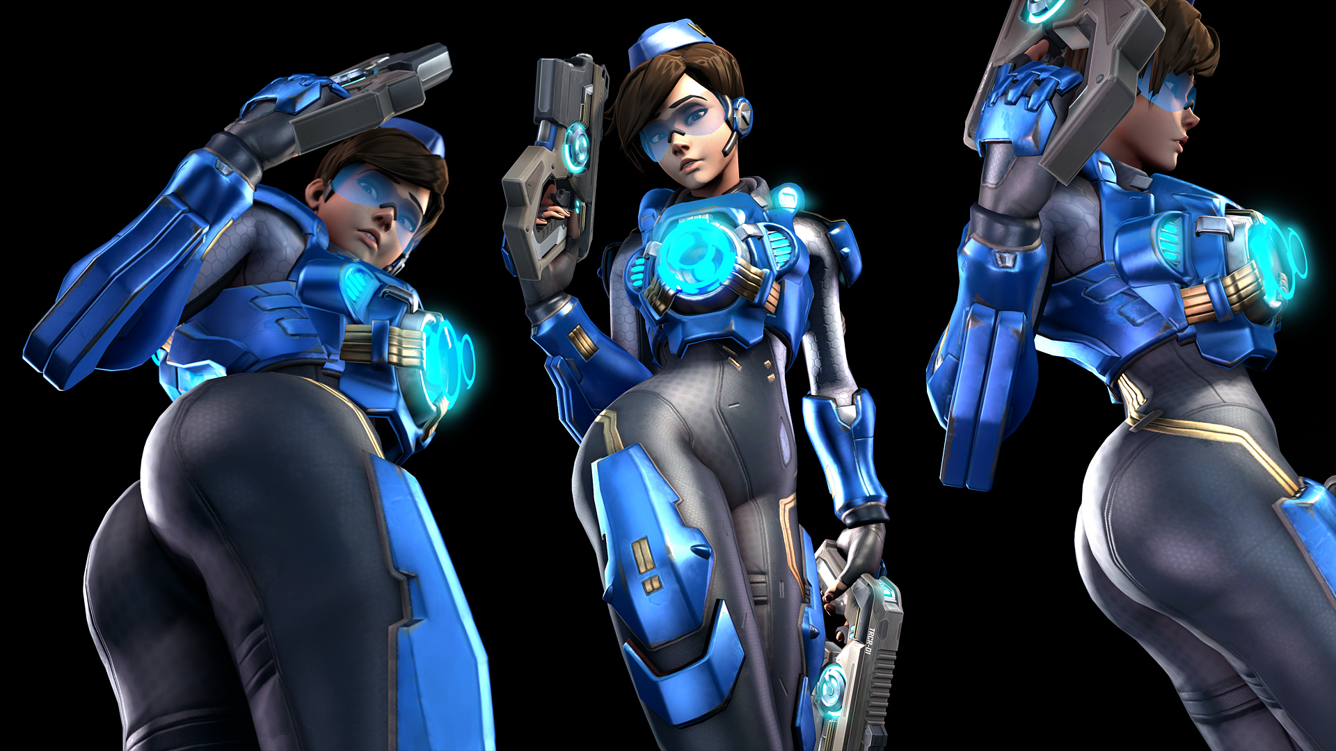 3d, alternate costume, ass, batesz, bodysuit, brown hair, cadet oxton, chronal accelerator, female, female only, firearm, garrison cap, gun, handgun, looking at viewer, low-angle view, overwatch, pistol, solo, source filmmaker, tracer, uniform, weapon