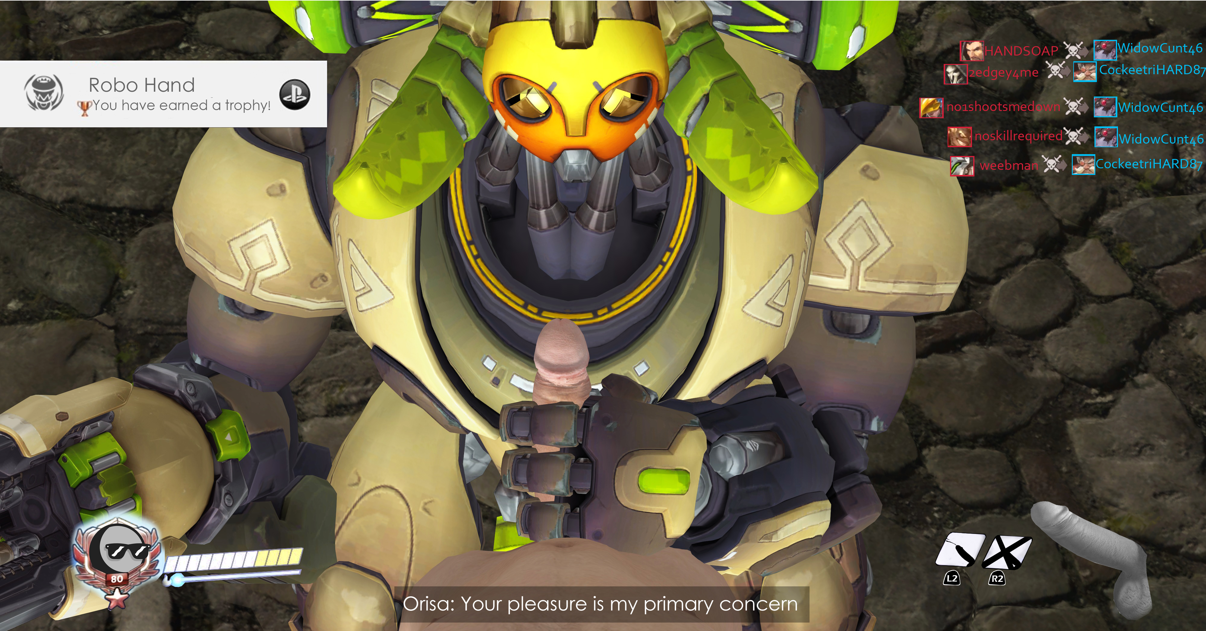 3d, anonymous, blizzard entertainment, caption, game mechanics, gameplay mechanics, gaming, handjob, happy, health bar, hud, living machine, male, omnic, orisa, overwatch, penis, robot, source filmmaker, technophilia, text, yourenotsam