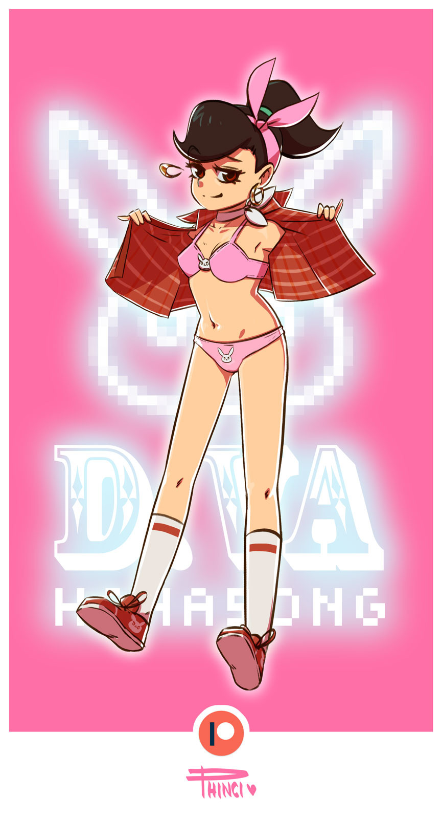 alternate_costume bra brown_eyes brown_hair cruiser_d.va d.va female headband long_socks overwatch panties phinci pink_shoes solo