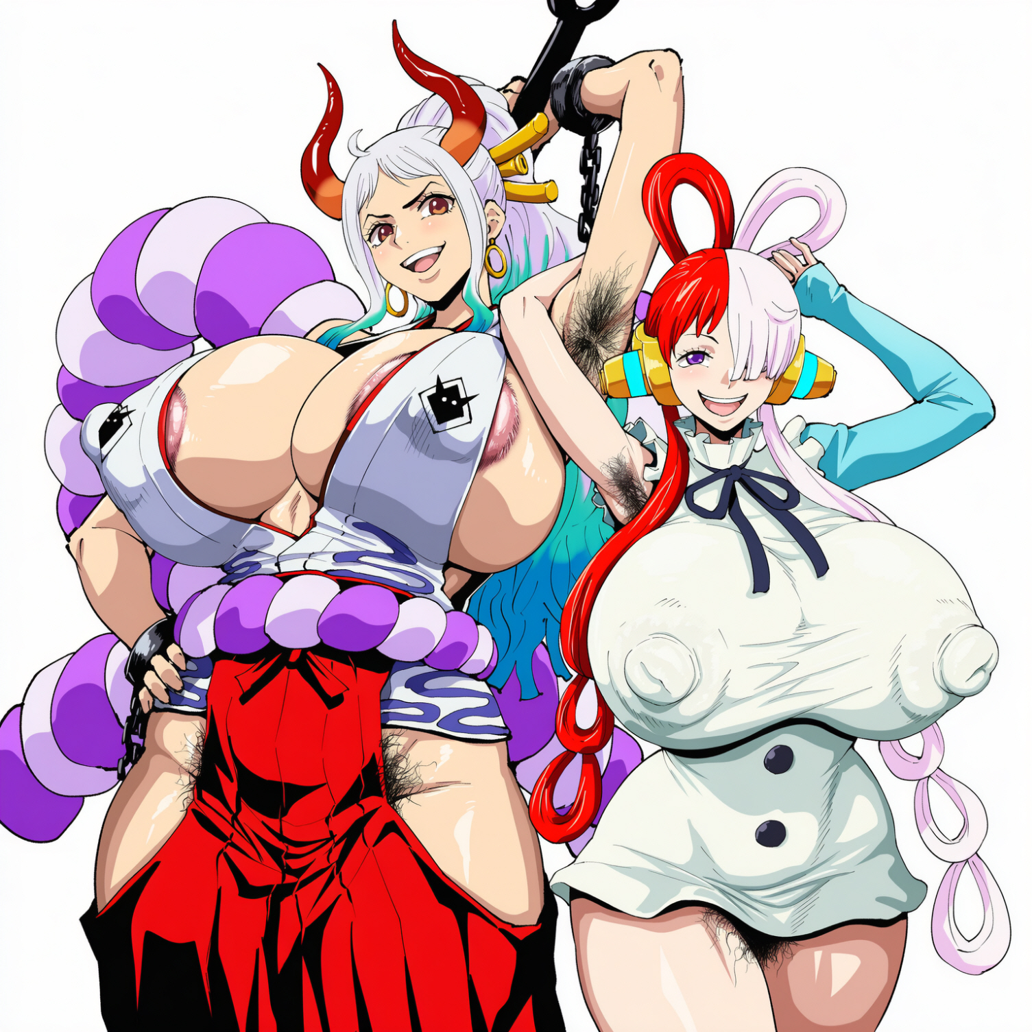 2girls, ai generated, areolae slip, armpit hair, bigger female, breasts, cleavage, clothed, curvy, curvy female, curvy figure, female, female focus, female only, fully clothed, hairy, hairy armpits, hairy pussy, hakama, horn, horns, huge breasts, kimono, large breasts, nipple bulge, no panties, non-nude, one piece, oni, oni female, oni horns, ponytail, posting, pubic hair, pubic hair peek, roger q, sfw, short dress, size difference, smaller female, thick thighs, two-tone hair, uta (one piece), voluptuous, voluptuous female, white background, white hair, yamato (one piece)