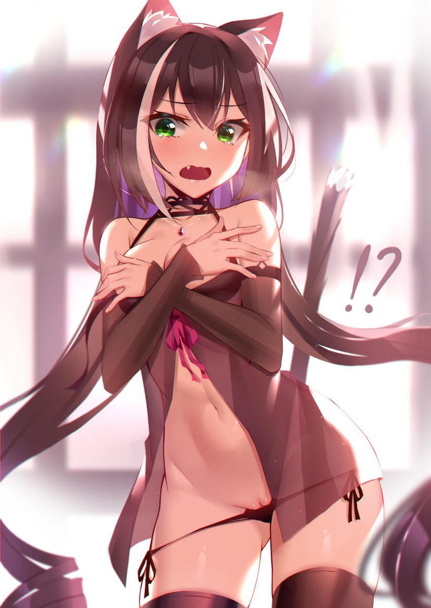 !?, 1girl, absurdres, animal ear fluff, animal ears, black hair, black thighhighs, blush, breasts, cat ears, cat girl, cat tail, cleavage, commentary request, cowboy shot, fang, female, female only, green eyes, heiyan shenshi, highres, karyl (princess connect!), long hair, looking at viewer, low twintails, medium breasts, multicolored hair, navel, nightgown, open mouth, princess connect!, pussy, pussy peek, solo, streaked hair, tail, thighhighs, thighs, twintails, very long hair