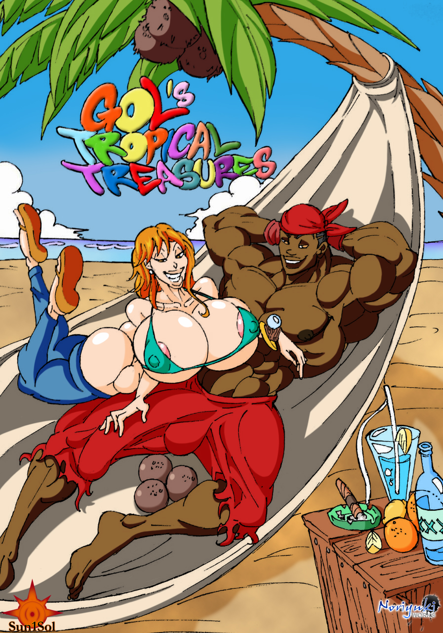 big penis, bimbo, bulge, dark skin, dark-skinned male, english text, female, gol (sun1sol), interracial, long hair, male, nami (one piece), one piece, penis, post-timeskip, sun1sol, text