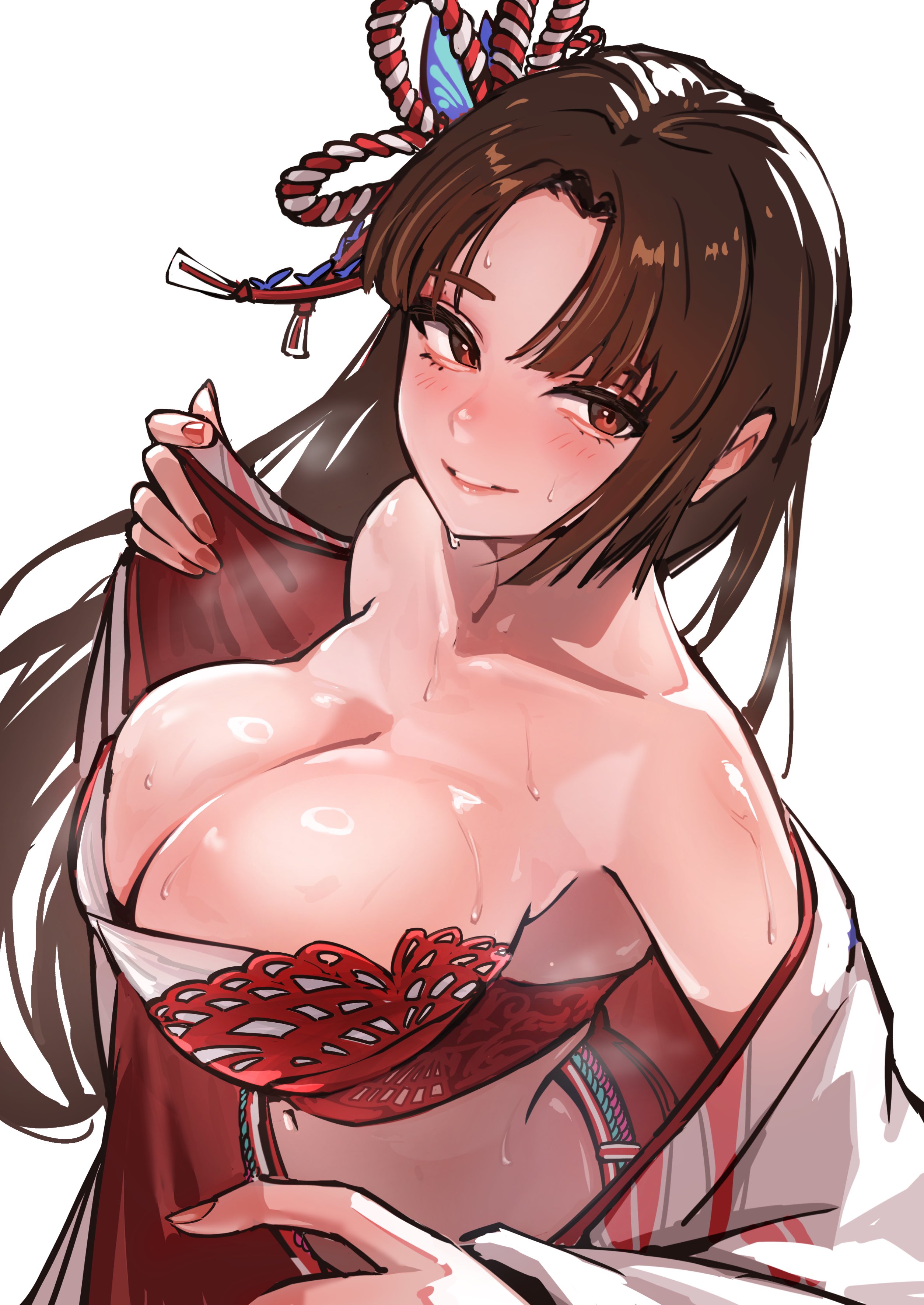 1girls, absurdres, alternate costume, ap cammy, breasts, brown hair, butterfly hair ornament, cleavage, clothes lift, commentary request, fatal fury, female, female only, hair ornament, highres, king of fighters, large breasts, long hair, looking to the side, mai shiranui, official alternate costume, open clothes, parted bangs, red nails, revision, shiny skin, smile, snk, solo, steaming body, street fighter, street fighter 6, sweat, sweaty breasts, upper body, white background