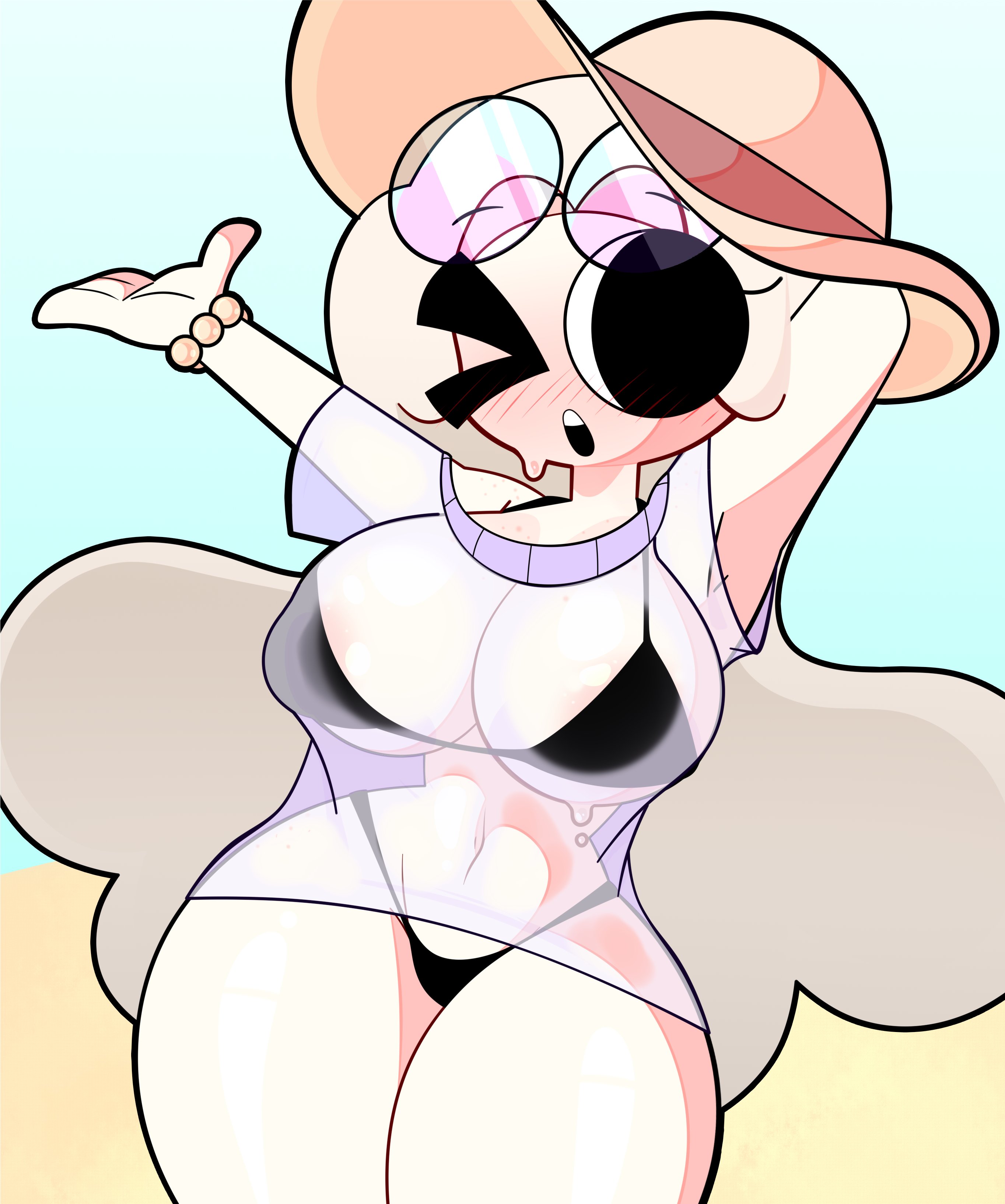 beach, beach background, bikini, blush, blush lines, bracelet, glasses, hat, one eye closed, straw hat, sweat, sweatdrop, sweating, thick thighs, thighs, translucent clothing, white body, white hair, white skin, xiaro, xiarorule