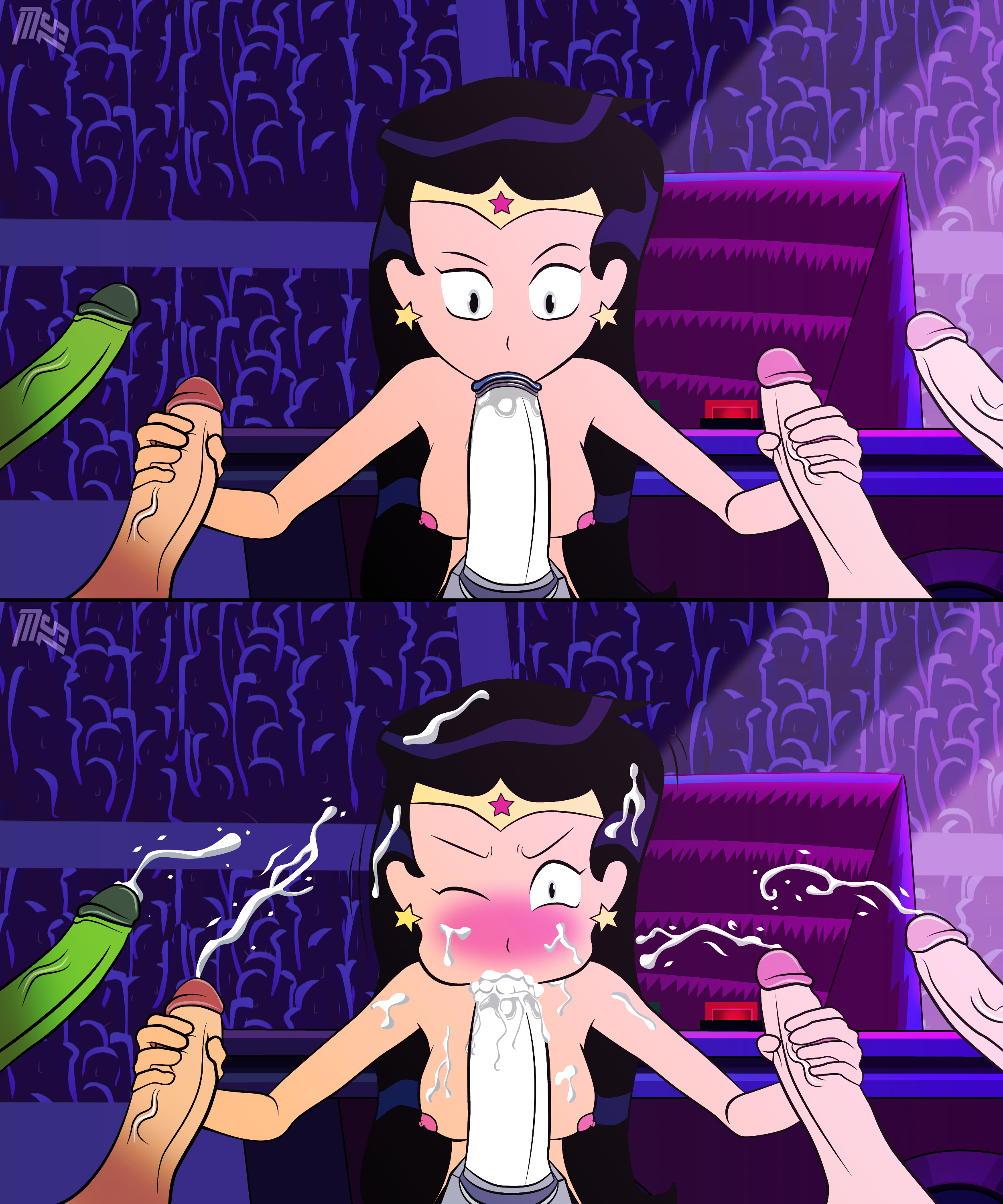 1girls, batman (series), beast boy, black hair, blowjob, blush, breasts, cum, cum in mouth, cum on breasts, cum on face, cum on hair, cum on upper body, cumshot, cyborg, cyborg (dc), dark skin, dark-skinned male, dc, dc comics, diana prince, dick grayson, earrings, fellatio, female, green skin, holding penis, interracial, long hair, male, multiple boys, multiple males, nipples, oral, penis, robin (dc), robin (dick grayson), sucking, surprised, surrounded by penises, teen titans, teen titans go, unknown artist, wet, wonder woman, wonder woman (series)