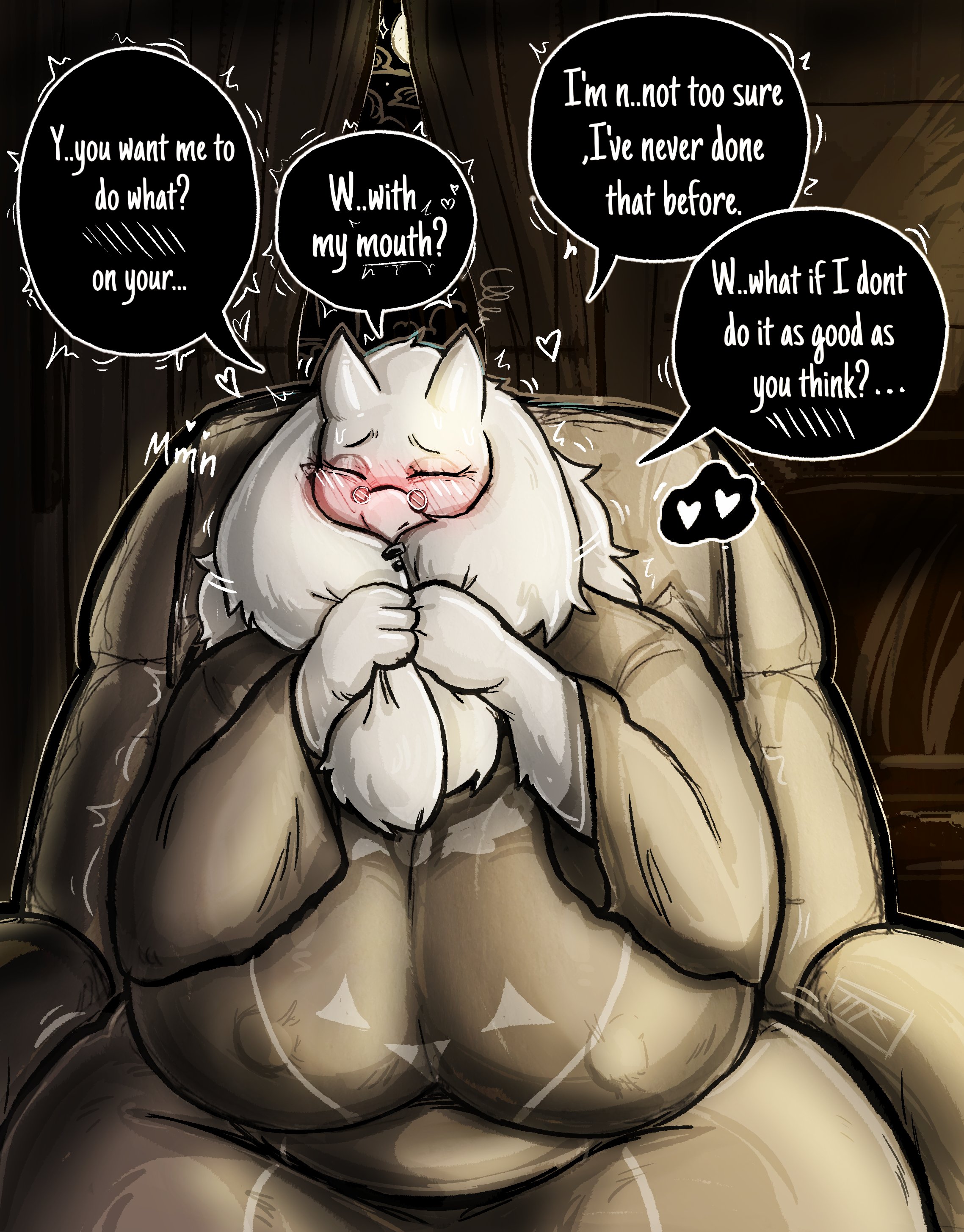 1boy, 1boy1girl, 1girls, 2026, 2d, 2d (artwork), 2d artwork, big breasts, blush, closed eyes, clothed, clothing, dialogue, duo, female focus, goat, goat ears, goat girl, goat horns, goat humanoid, grabbing, grabbing ears, grey clothing, grey robe, heart, huge breasts, inviting, kojoarts, nipples visible through clothing, oral invitation, robe, sitting, sitting on chair, speech bubble, text, thick thighs, toriel, undertale, undertale (series), unseen character, unseen male, white fur