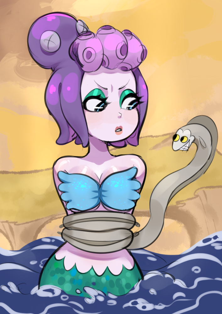 blue_eyes bra breasts cala_maria cleavage cuphead_(game) curvy duo eel eye_contact eyelashes eyeshadow female large_breasts looking_at_another marine merfolk mermaid outdoors partially_submerged pink_skin purple_hair restrained smile smokyholes solo_focus tentacle_hair water