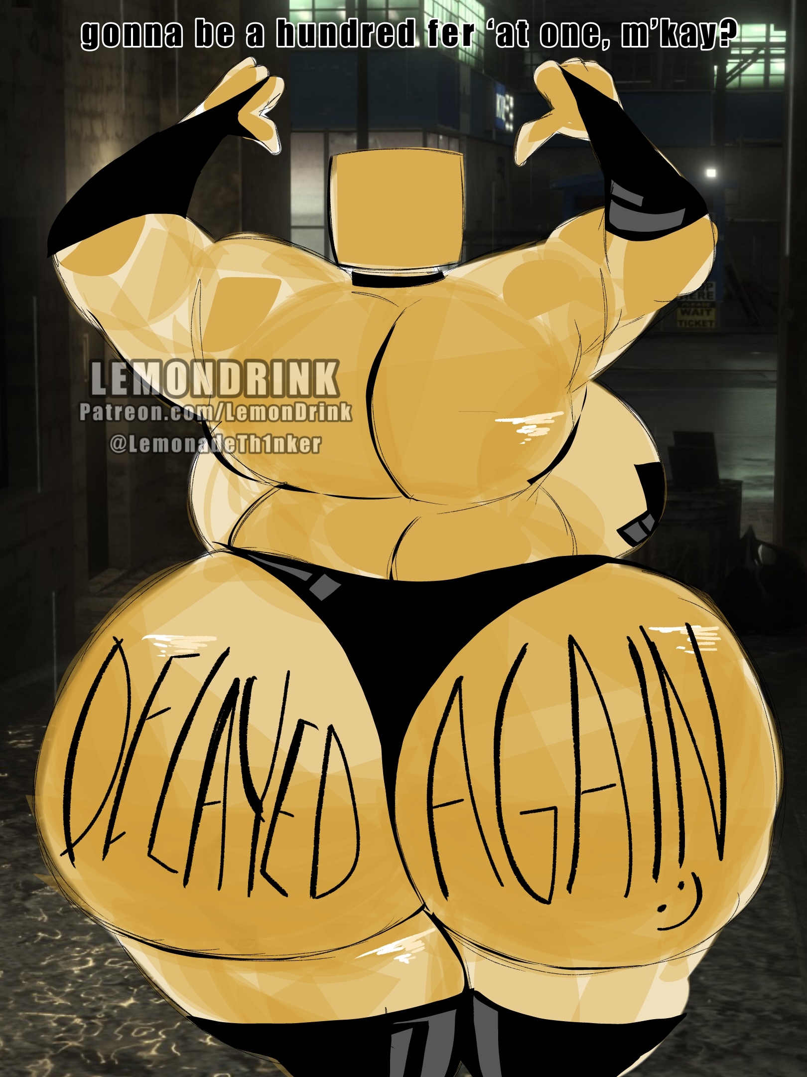 ass focus, belly, big ass, curvy, dialogue, female, female only, hand on hip, logo, logo head, midriff, no sex, original character, part of a series, patreon username, pointing at self, rockstar games, rockstar games (humanoid), rockstar games logo, shiny skin, somethinsour, text, thick thighs, thighhighs, thong, twitter username, voluptuous, wide hips