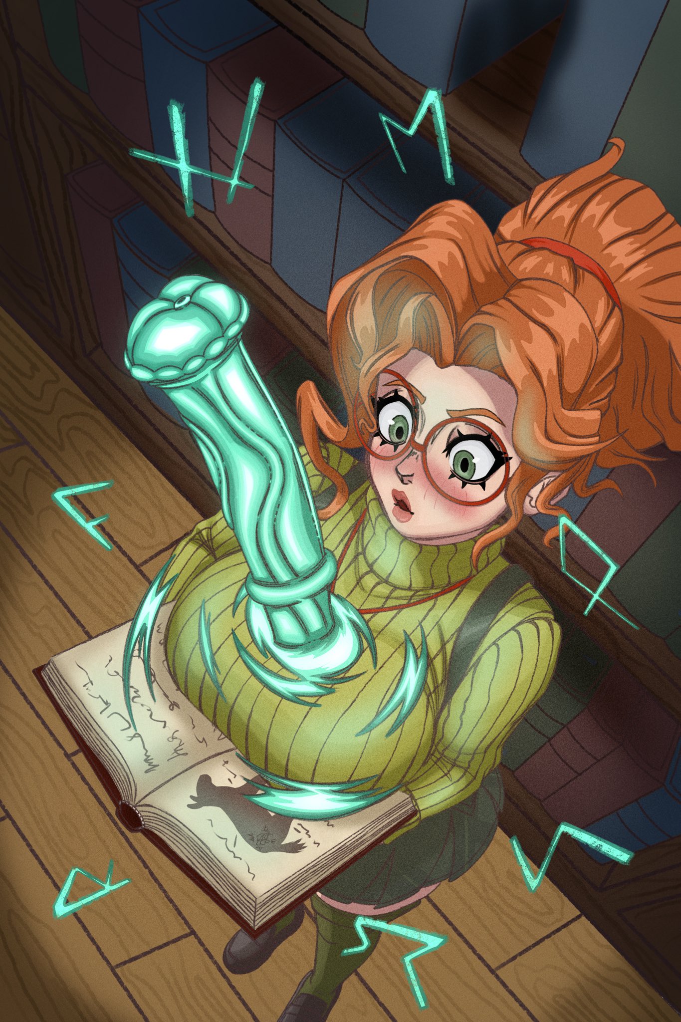 , 1girl, 1girls, background, blush, book, clothed, clothed female, color, colored, deadlock, female, female focus, full color, ginger, ginger hair, ginger hair female, glasses, headgear, headwear, horse penis, horsecock, magic, magic penis, paige (deadlock), ponytail, sfw version available, strawberryblood, valve