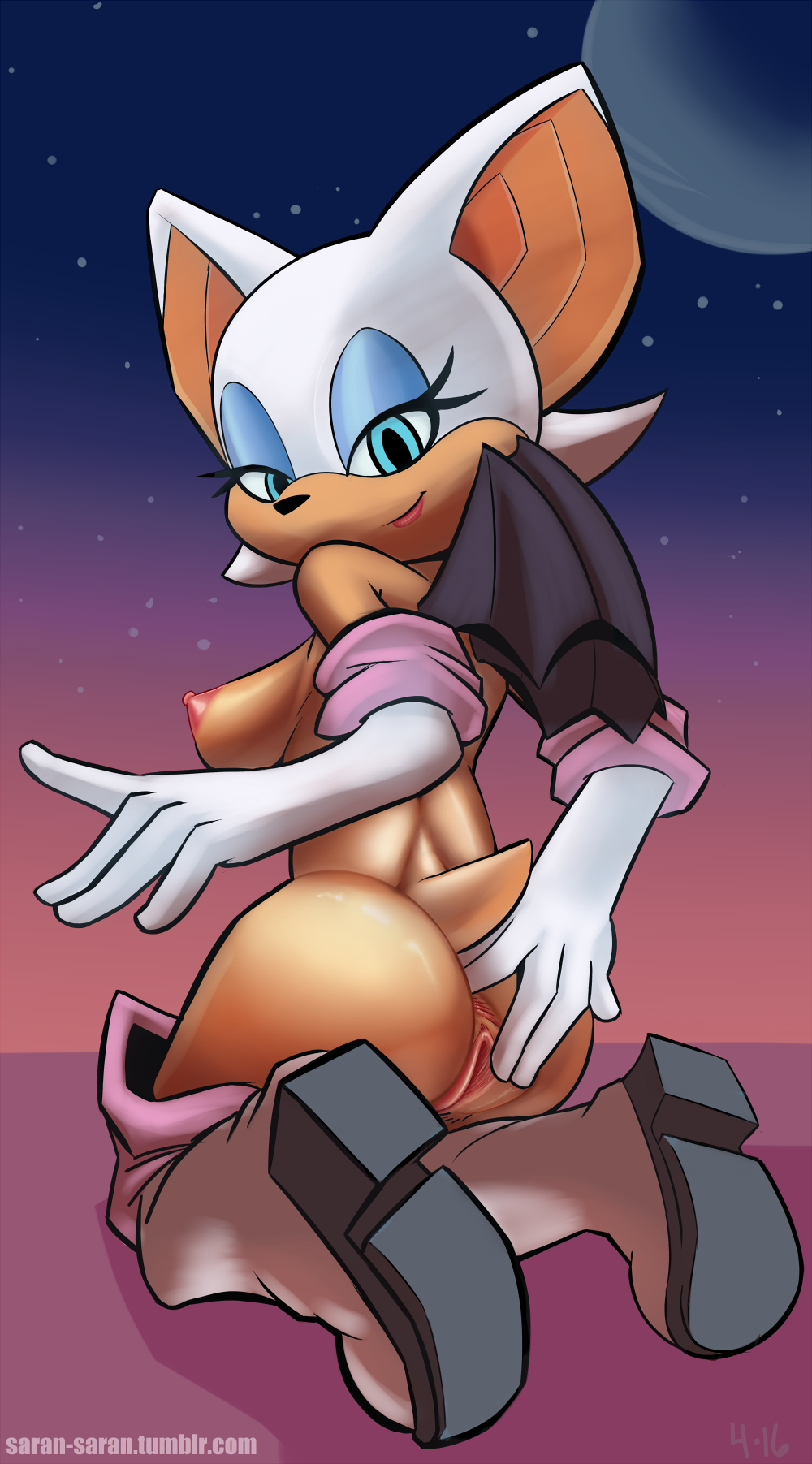 anthro ass bat bedroom_eyes big_breasts breasts clothing erect_nipples female footwear half-closed_eyes hi_res kneeling looking_back mammal membranous_wings moon naked_footwear nipples nude pose pussy rear_view rouge_the_bat saran-rape seductive sky smile solo sonic_(series) star wings