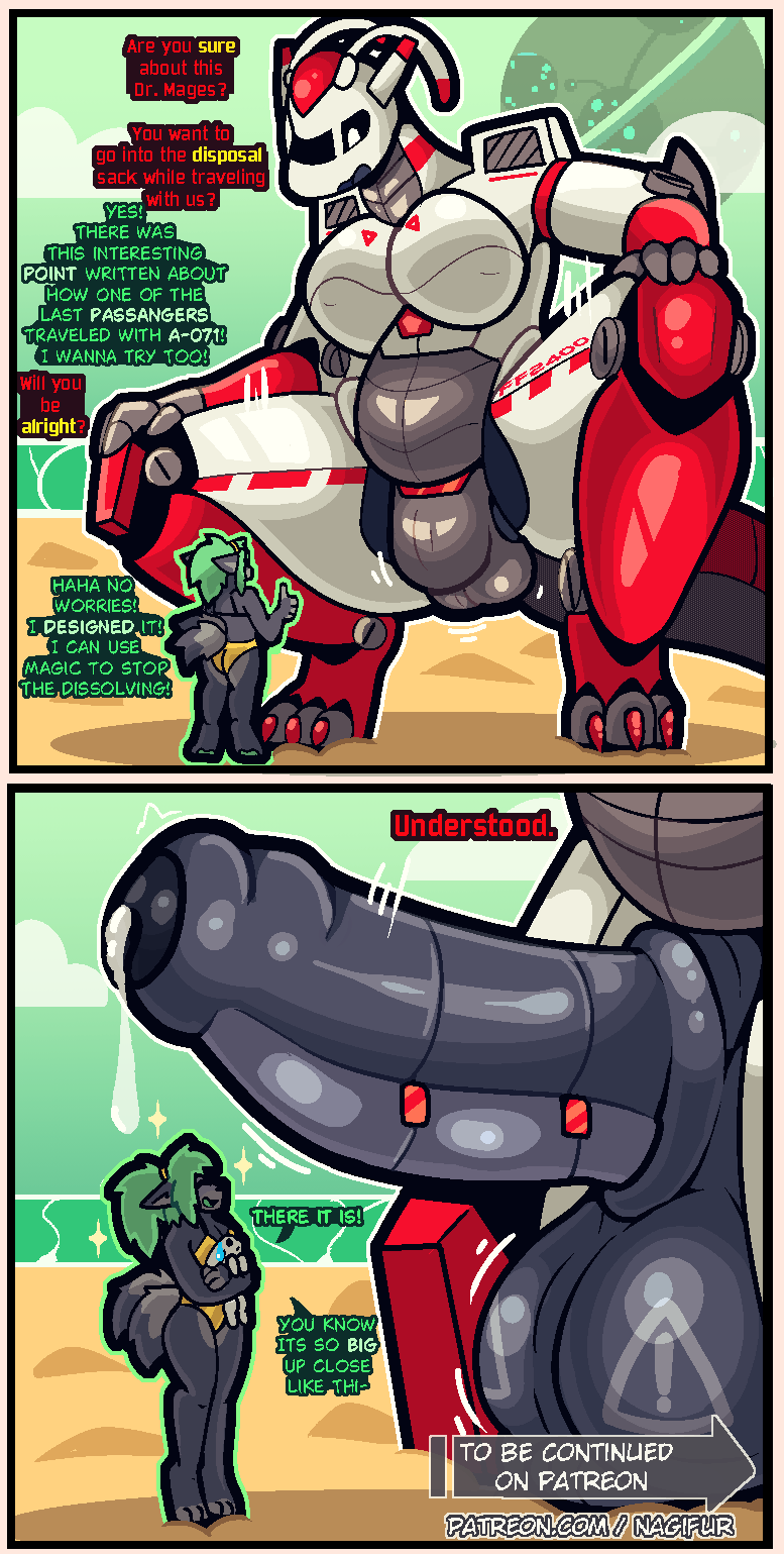 advertisement, anthro, balls, big penis, bodily fluids, border, bulge, comic, cum, dialogue, digital media (artwork), dripping, duo, english text, extreme size difference, genital fluids, genitals, hi res, humanoid, humanoid genitalia, humanoid penis, imminent vore, machine, macro, mages (nagifur), mammal, mecha, micro, nagifur, open mouth, orange border, penis, precum, precum drip, robot, robot humanoid, scarlet (nagifur), size difference, speech bubble, squatting pose, story, story in description, text