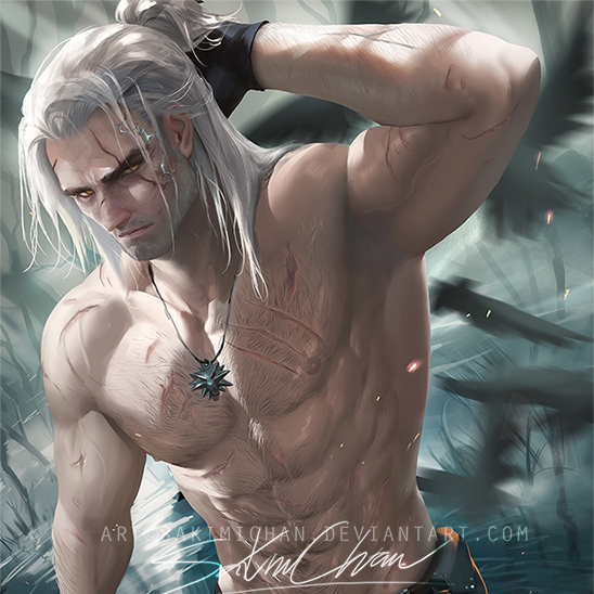 1boy, abs, cd projekt red, geralt of rivia, male, male only, sakimichan, scar, shirtless, solo, the witcher (series), the witcher 3: wild hunt, witcher medallion
