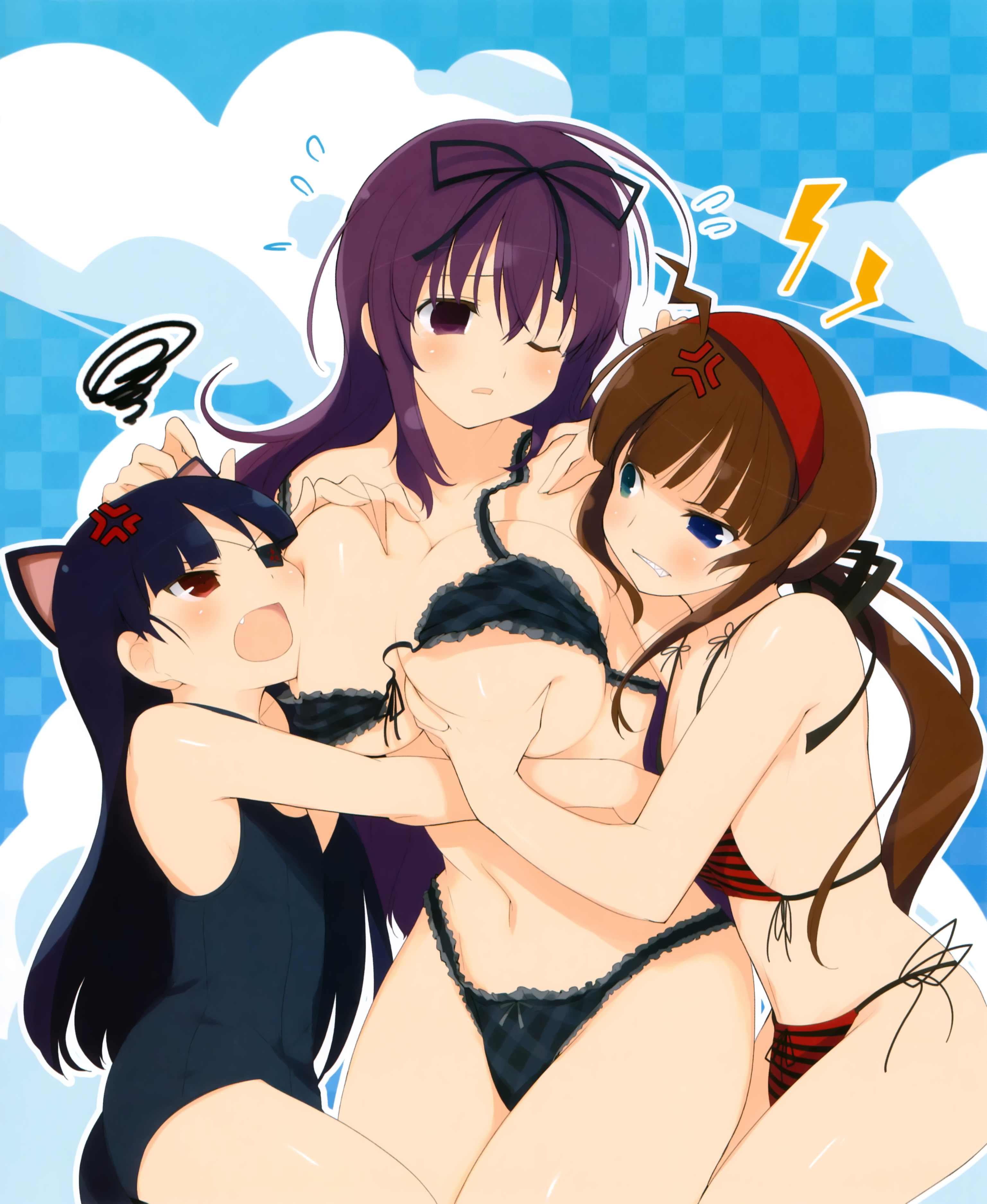 10s, 3girls, absurdres, anger vein, bikini, black hair, breast envy, breast grab, breasts, brown hair, female, flat chest, grabbing, highres, large breasts, long hair, mirai (senran kagura), multiple females, multiple girls, murasaki (senran kagura), official art, one eye closed, ryoubi (senran kagura), sandwiched, senran kagura, senran kagura (series), swimsuit, yaegashi nan, yuri