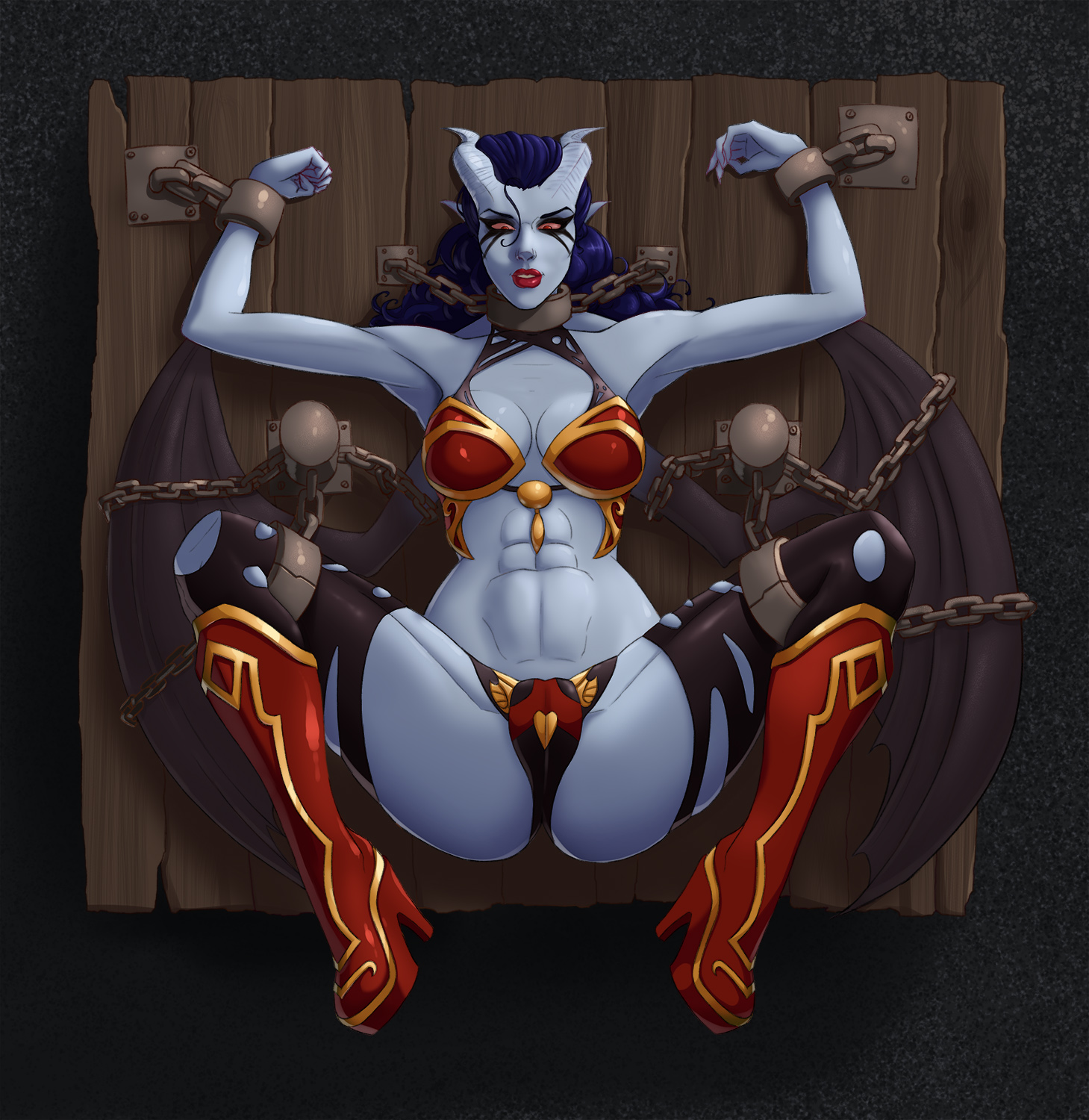 1girls, 2017, abs, bleeding mascara, bondage, breasts, cleavage, dota, dota 2, female, female only, femsub, helpless, horns, kataaoyoc, looking at viewer, muscular, muscular female, queen of pain, restrained, solo, solo female, spread legs, thighhighs, torn clothes, valve