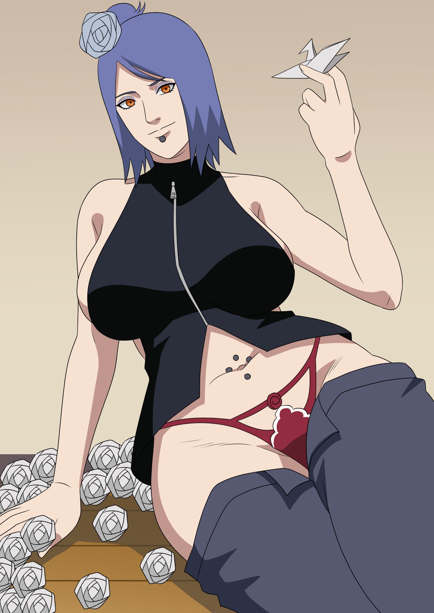 1girls, akatsuki (naruto), big breasts, blue hair, blush, breasts, commentary, crane (bird), eyeshadow, female, female only, flower, fully clothed, g-string, hair bur, hair flower, holding object, huge breasts, inviting, inviting to sex, konan, lingerie, lip piercing, lipstick, long hair, looking at viewer, makeup, mascara, mature, mature female, midriff, naruto, naruto (series), naruto shippuden, navel piercing, ninrubio, nipples, no bra, on ground, orange eyes, origami, panties, pants, pants down, paper, paper crane, paper flower, piercing, pinup, revealing clothes, rose (flower), sideboob, sitting, sitting on floor, skimpy, skimpy clothes, solo, solo focus, sweat, sweatdrop, uncensored, uzumaki symbol, voluptuous