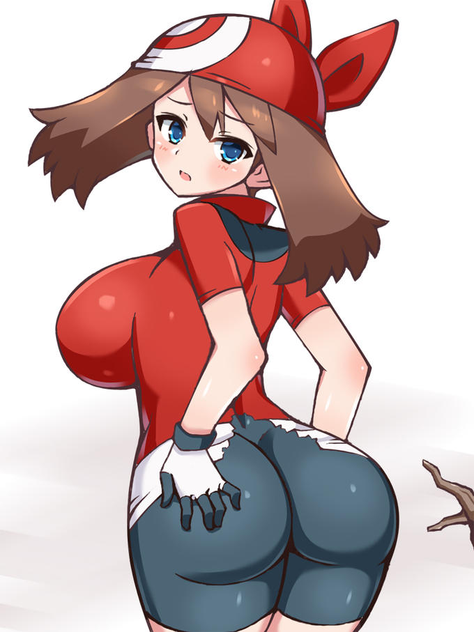 1girls, alternate breast size, ass, back, bandana, bike shorts, blue eyes, blush, breasts, brown hair, bubble ass, bubble butt, chro, clothed, female, female only, gloves, hand on ass, huge ass, huge breasts, human, human only, large breasts, looking at viewer, looking back, may (pokemon), nintendo, open mouth, pokemon, pokemon rse, shirt, short hair, skin tight, solo, standing, tongue, torn clothes, white background