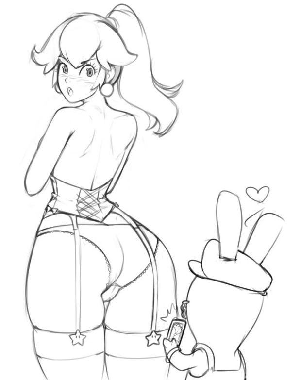 back_view big_ass bustier corset dat_ass mario_(series) mario_+_rabbids mario_+_rabbids:_kingdom_battle monochrome nintendo princess_peach rabbid rabbid_mario raccoon-in-disguise raccoon_in_disguise raving_rabbids stockings