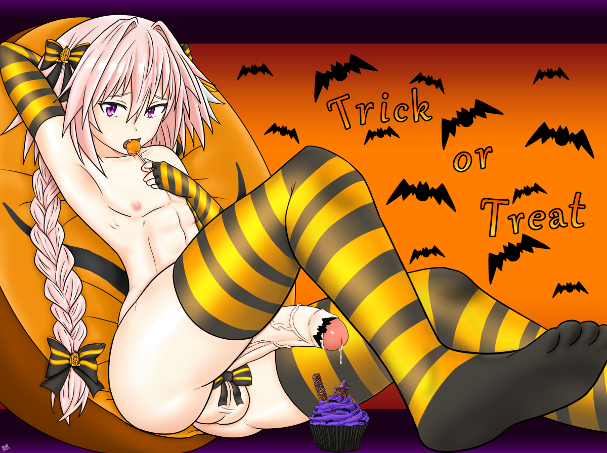 abs, astolfo (fate), big penis, braid, censored, cute fang, erection, fate (series), fate/apocrypha, fate/grand order, feet, food, foreskin, gay, girly, halloween, hung trap, large penis, lollipop, long hair, looking at viewer, male, male only, nude, open mouth, penis, pink eyes, pink hair, precum, simple background, sitting, solo, stockings, text, trap, uncircumcised, vein, veiny penis, yaoi