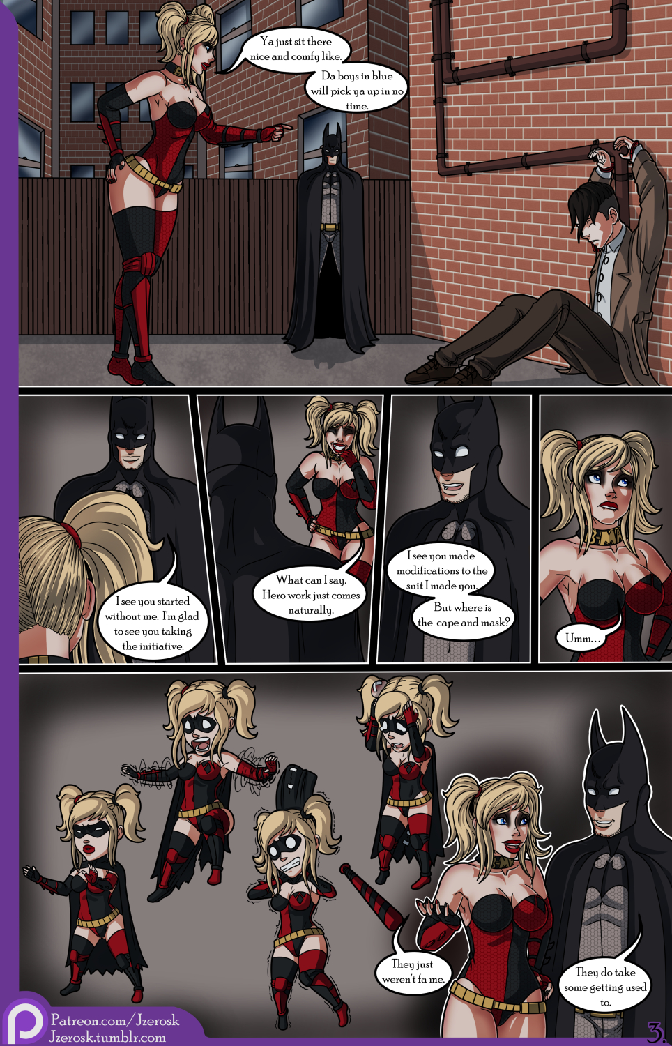 batman, batman (bruce wayne), batman (series), bruce wayne, cleavage, comic, dc, dc comics, dialogue, enemies to lovers, english text, eyeshadow, female, female focus, harley quinn, jzerosk, leotard, page 3, patreon username, speech bubble, thigh boots, tumblr username