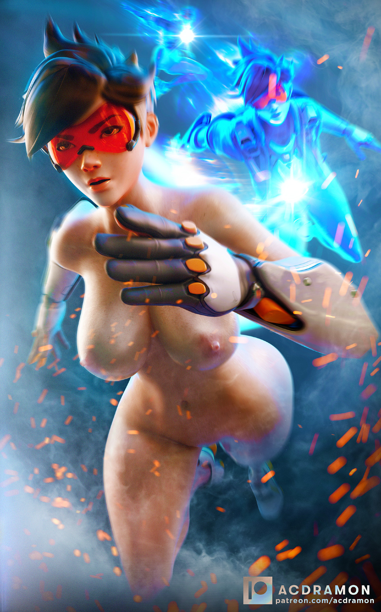 1girls, 3d, acdraart, acdramon, athletic, blurry, blurry background, brown hair, brunette, casual, female, female hero, footwear, fully clothed, goggles, handwear, handwear and footwear only, hero, heroine, human, moving, naked, naked female, naked footwear, nude, nude female, open mouth, orange goggles, overwatch, overwatch 2, pale skin, running, running towards viewer, short hair, slim, solo, sparks, spikey hair, super speed, thin, thin female, time manipulation, tinted eyewear, tomboy, tracer, tracer (overwatch 2 suit), wardrobe malfunction, white, wide hips