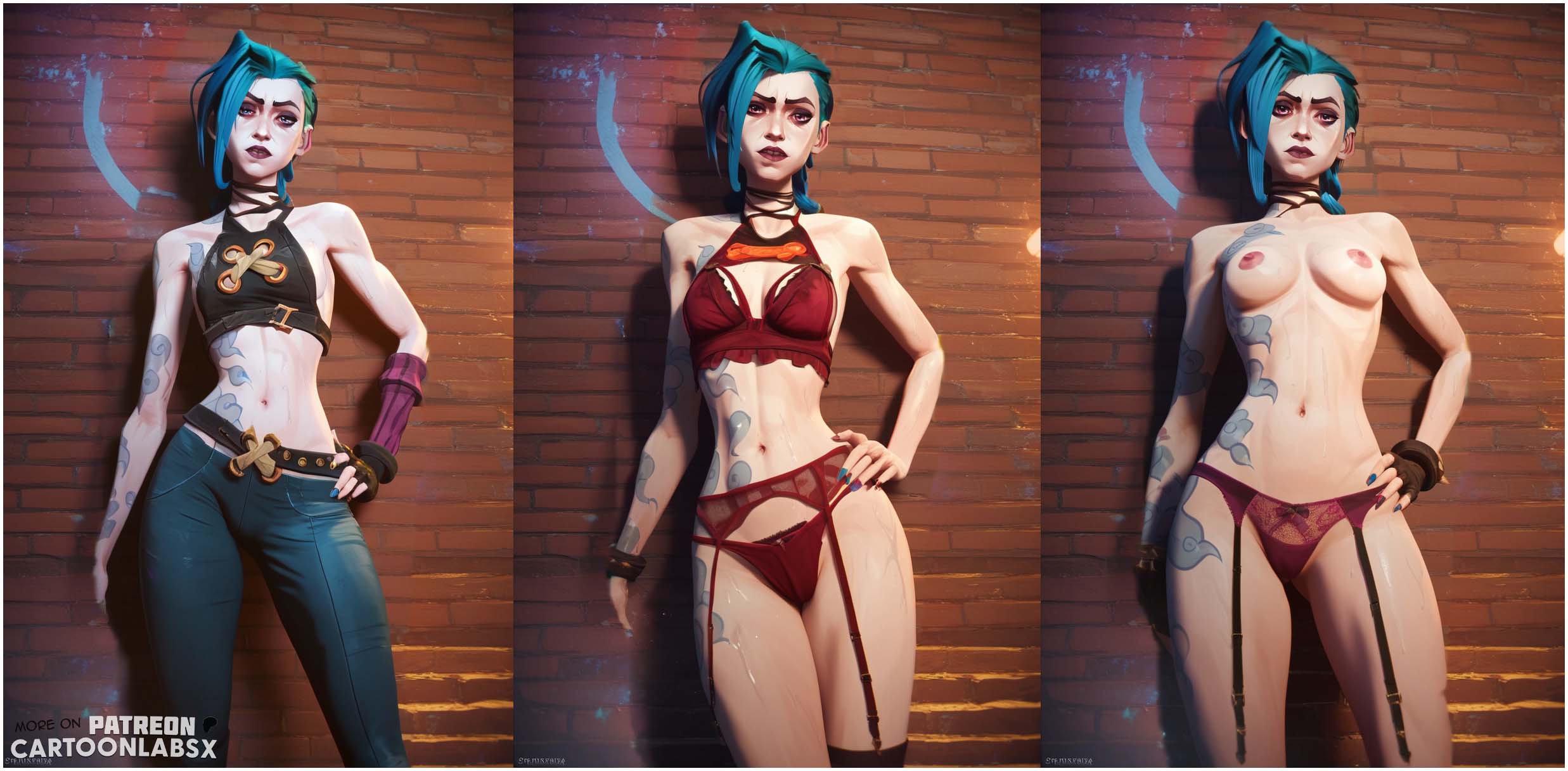 ai generated, arcane, arcane jinx, before and after, blue hair, female, jinx (league of legends), league of legends, lingerie, lingerie bra, lingerie only, lingerie panties, multiple females, multiple girls, naked, naked female, nude, nude female, on off, petite, petite body, petite female, slide, slider, topless, topless female