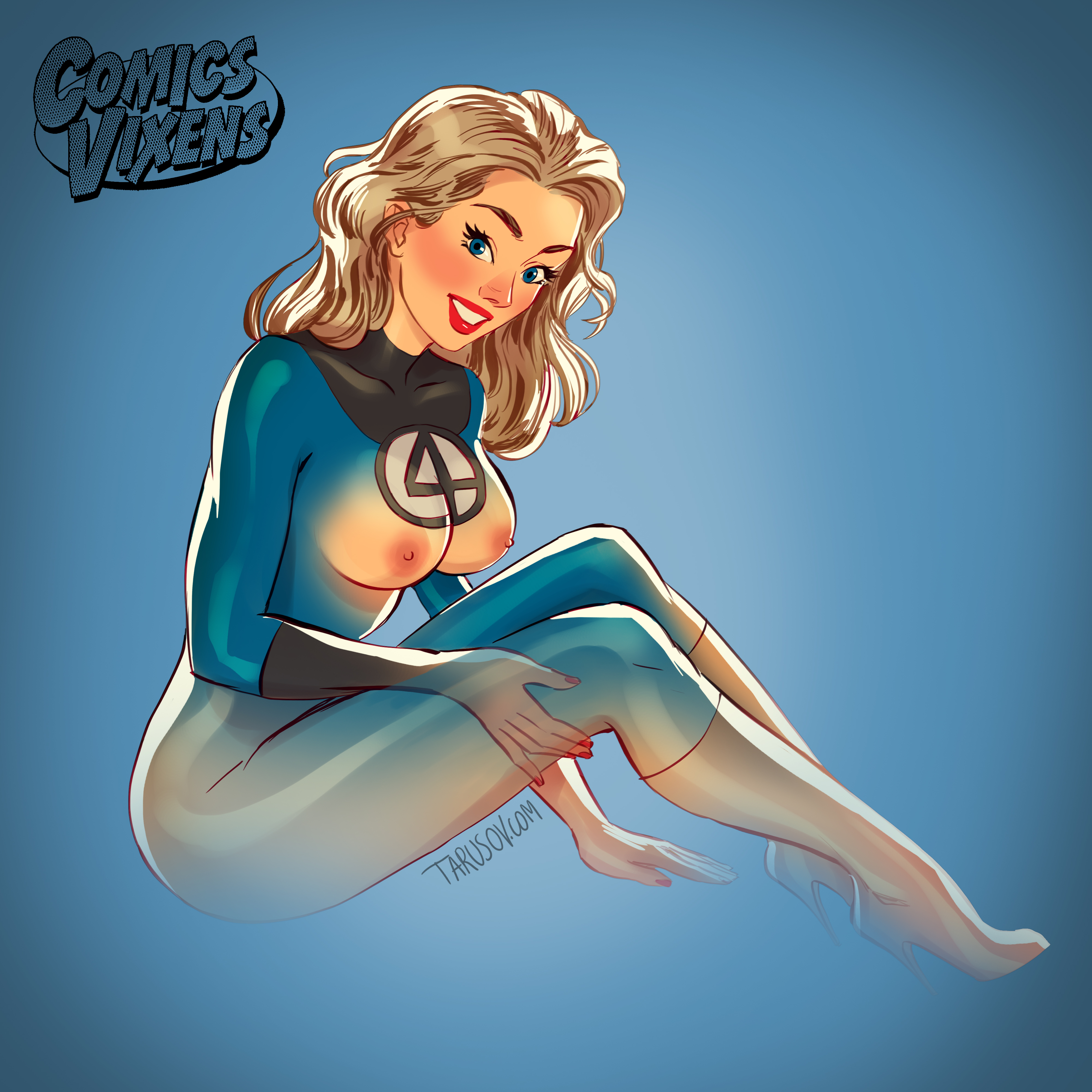 andrew tarusov, artist name, blue background, blue eyes, bodysuit, boots, breasts, elbow gloves, english, english text, fantastic four, female, female only, footwear, gauntlets, gloves, high heel boots, high heels, high resolution, hips, human, invisible woman, large breasts, legs, lipstick, long hair, looking at viewer, makeup, marvel, marvel comics, medium breasts, nail polish, nipples, shoes, signature, simple background, sitting, skin tight, smile, solo, sue storm, superhero, superheroine, text, thigh boots, thighhighs, thighs, tight clothes, transparent, transparent body, very high resolution