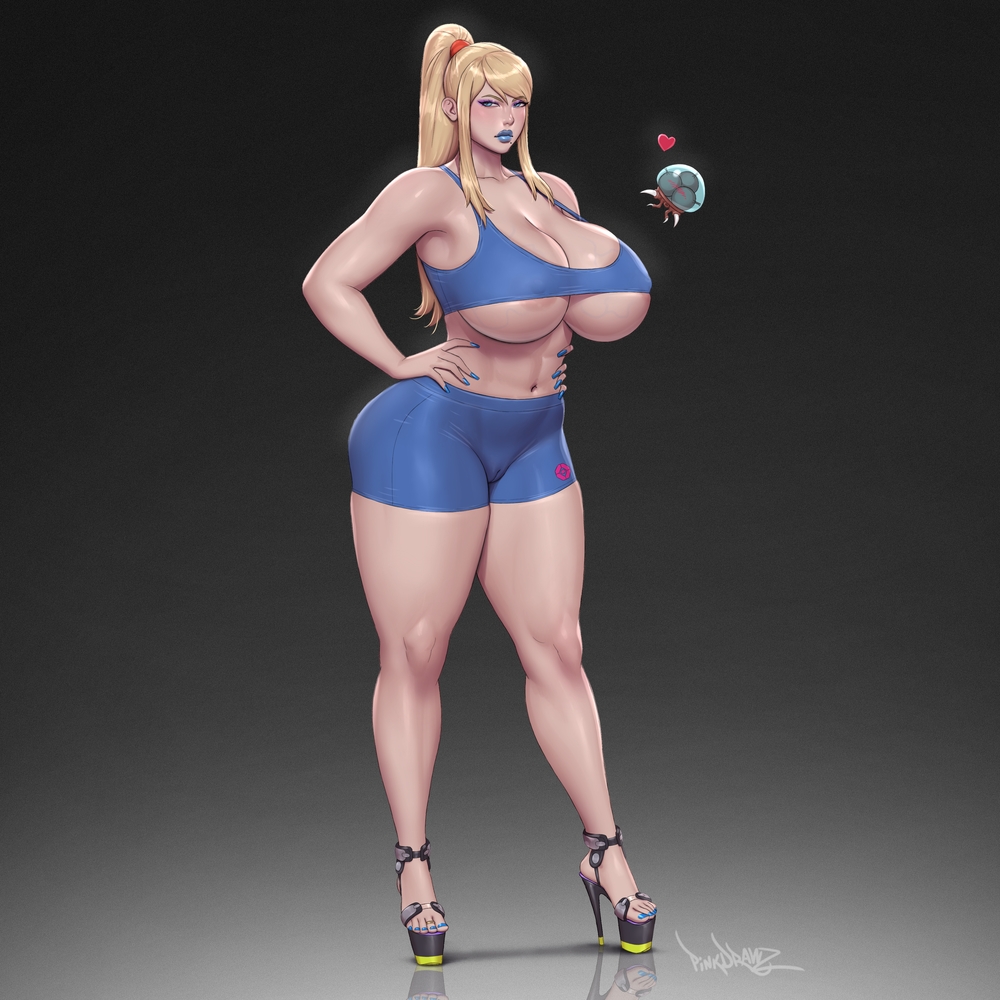 areolae, beauty mark, big breasts, bimbo, blonde hair, blue eyes, blue lipstick, breasts, cameltoe, female, female focus, female only, heels, high heels, huge breasts, lipstick, metroid, nintendo, pinkdrawz, ponytail, pussy, samus aran, thick thighs, toe ring, top heavy, voluptuous