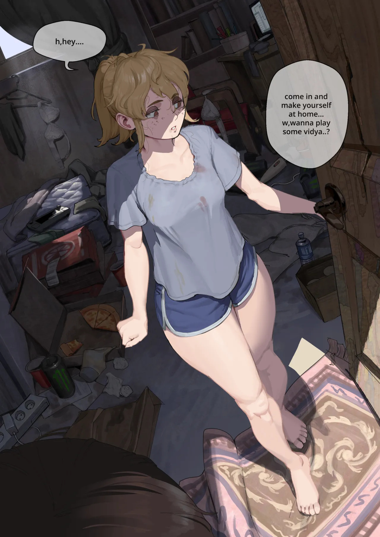 1girls, ashbie, ashbiemoon, asperger, aspie, aspie-chan, autism, autistic, barefoot, bedroom, blonde hair, comic, dirty clothing, feet, female, gym shorts, legs, light skin, light-skinned female, neet, neurodivergent, shy, solo, tagme, text, thighs, toes, wjs07