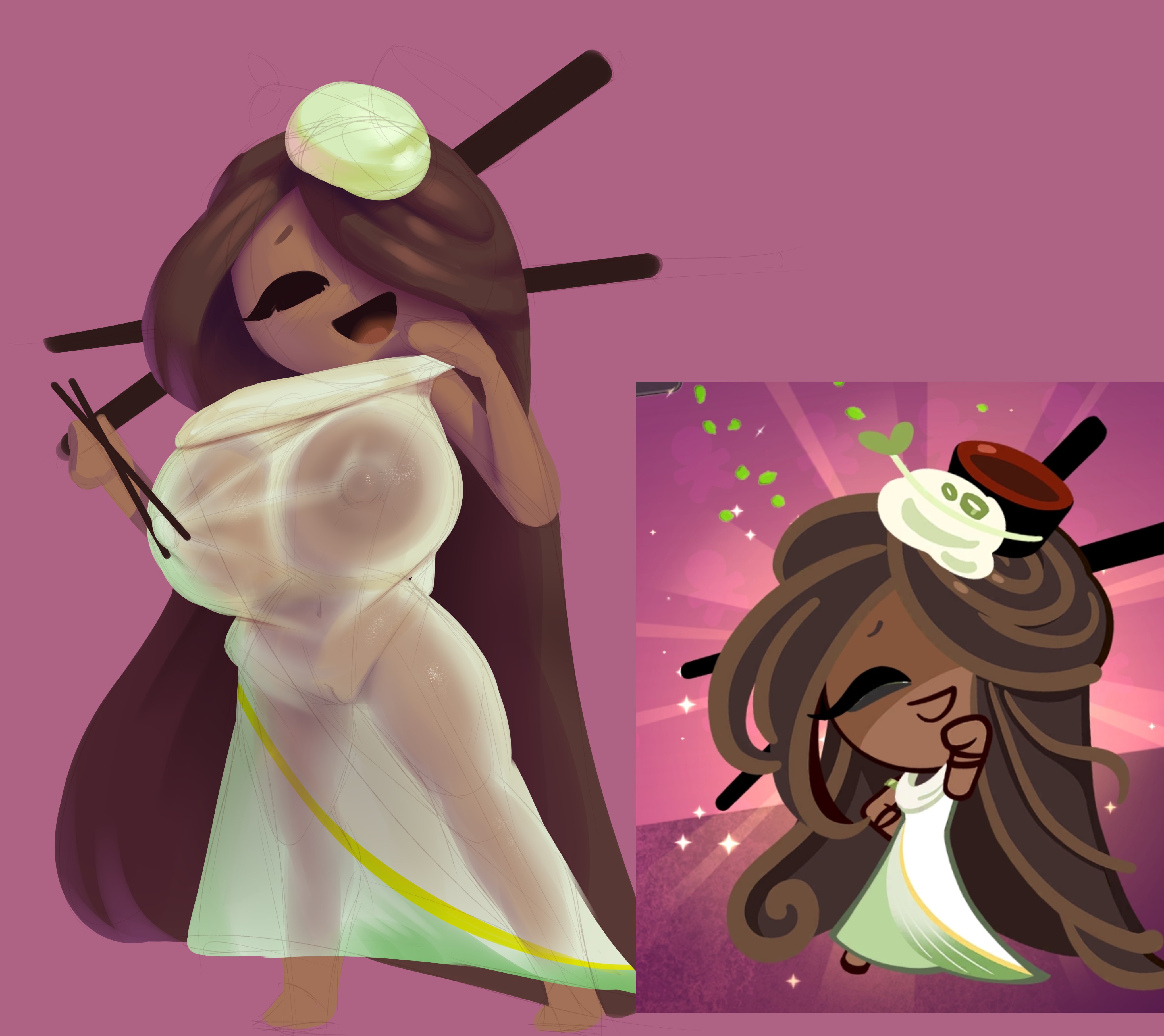 breasts, breasts visible through clothing, buckwheat cookie, cookie run, cookie run witch's castle, dibujosv12, female, first porn of character, open mouth, see-through clothing, v12