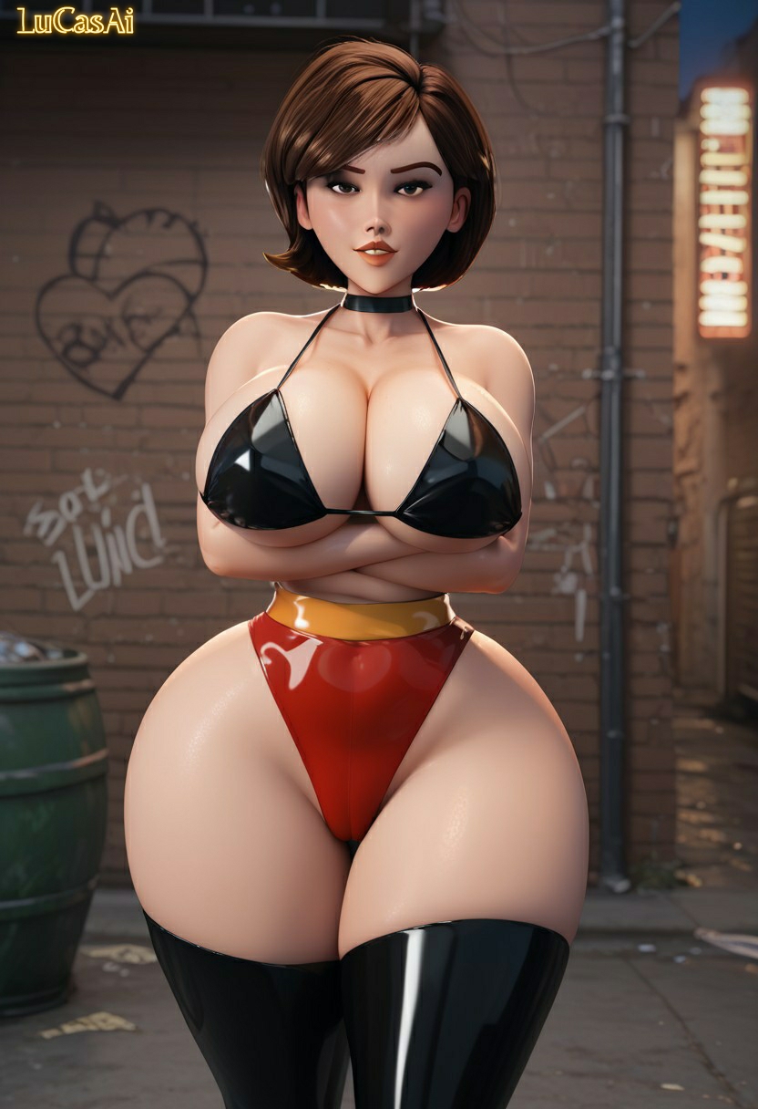 1girls, ai generated, alley, alleyway, ass, big ass, big breasts, breasts, brown hair, curvaceous, curvy, curvy female, curvy figure, detailed background, disney, elastigirl, exposed thighs, female, helen parr, hi res, hourglass figure, huge ass, huge breasts, light skin, light-skinned female, looking at viewer, lucasai, massive ass, massive breasts, mature, mature female, milf, navel, pixar, pixar mom, short hair, solo, solo female, solo focus, standing, superheroine, the incredibles, thick thighs, thighhighs, thighs