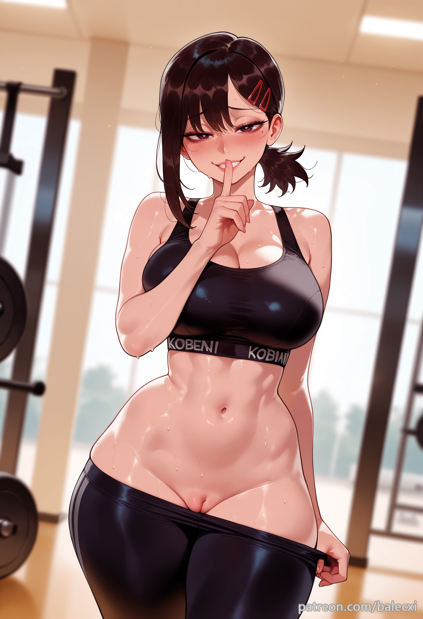 1girls, ai generated, balecxi, bare shoulders, black sports bra, blush, breasts, brown hair, chainsaw man, cleavage, clothes pull, cowboy shot, female, finger to mouth, grin, gym, hair ornament, hairclip, higashiyama kobeni, index finger raised, indoors, kobeni higashiyama, large breasts, looking at viewer, mole, navel, pants, pussy, short ponytail, shushing, smile, solo, sports bra, stomach, sweat, uncensored