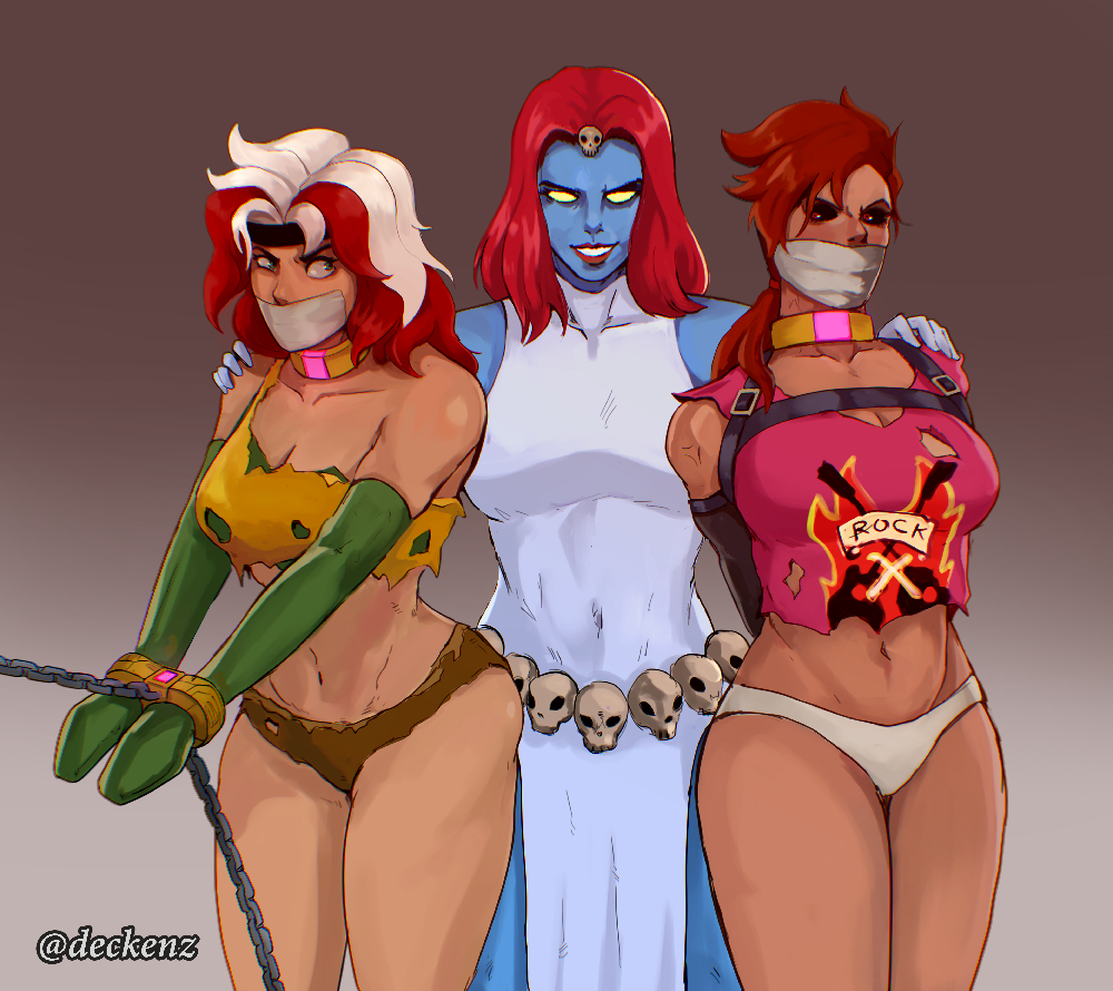 3girls, armbinder, blue skin, blue-skinned female, bondage, bound wrists, captured, captured heroine, deckenz, female, female only, femdom, gag, gagged, gambit, genderswap, genderswap (mtf), marvel, marvel comics, mystique, panties, rogue (x-men), rule 63, tape gag, thick thighs, white panties, x-men, x-men 97