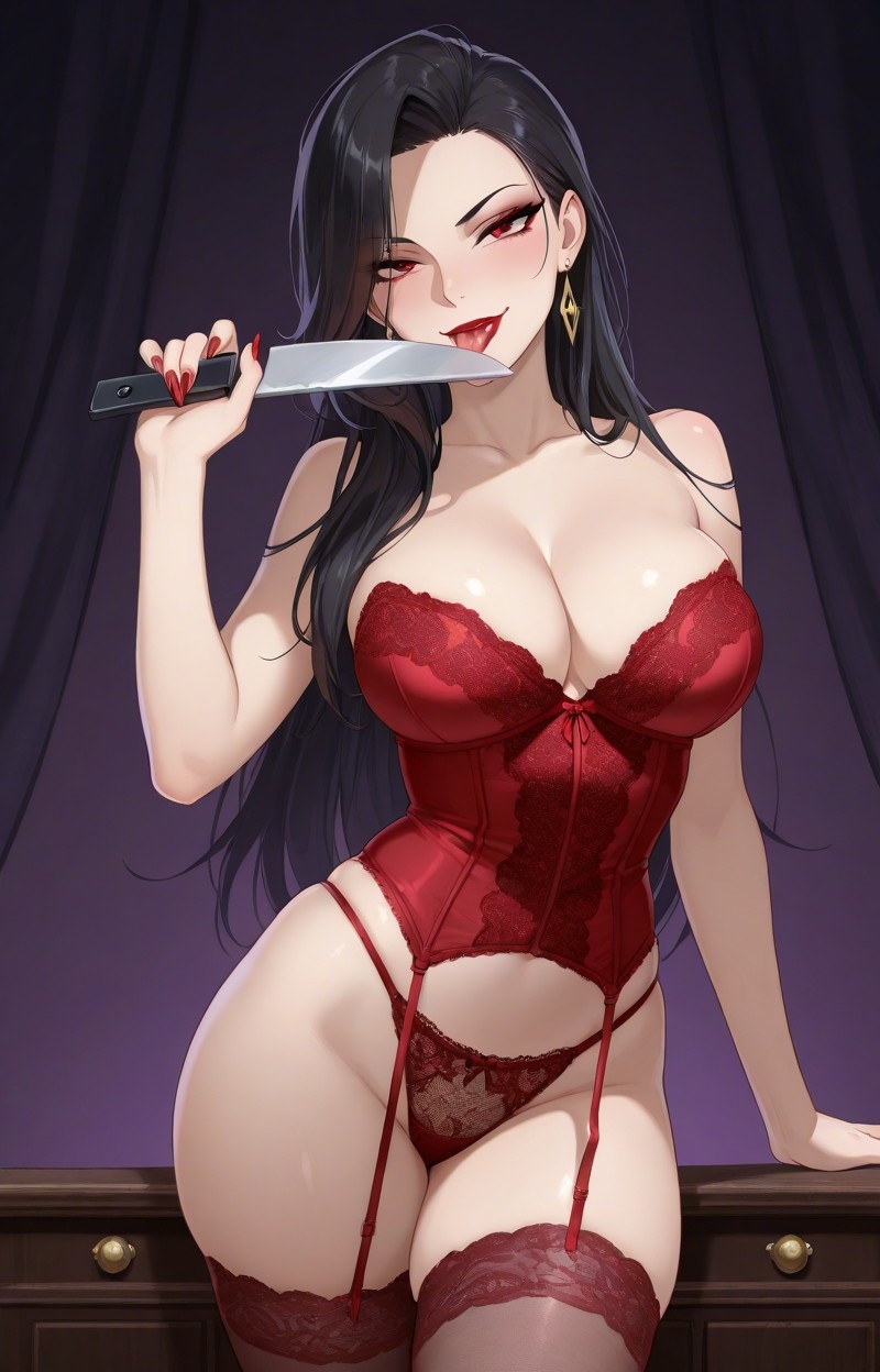 1girls ai_generated armed background bare_arms bare_shoulders big_breasts black_hair blade breasts cleavage clothed clothed_female clothing collarbone commentary_request corset curvy dangerous earrings evil_eyes eyelashes eyeshadow female female_focus female_only femme_fatale garter_straps hair hair_over_shoulder hips indoor inside knife knife_play lace lace-trimmed_legwear lace-trimmed_panties lace_trim leaning leaning_back lia_the_busty_redhead licking licking_knife light-skinned light-skinned_female light_skin light_skinned_female lingerie lipstick long_hair makeup mature_female nail_polish original original_character panties red_eyes red_lingerie red_lipstick red_nails scary seductive self_upload sharp_fingernails solo solo_female solo_focus standing stockings suggestive tagme thick_thighs thighs threatening tounge_out underwear weapon wide_hips yandere