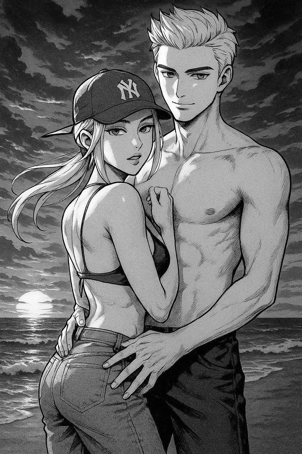ai_generated annabeth_chase black_and_white blonde_hair jason_grace manga_style new_york_yankees percy_jackson_and_the_olympians shore sunset