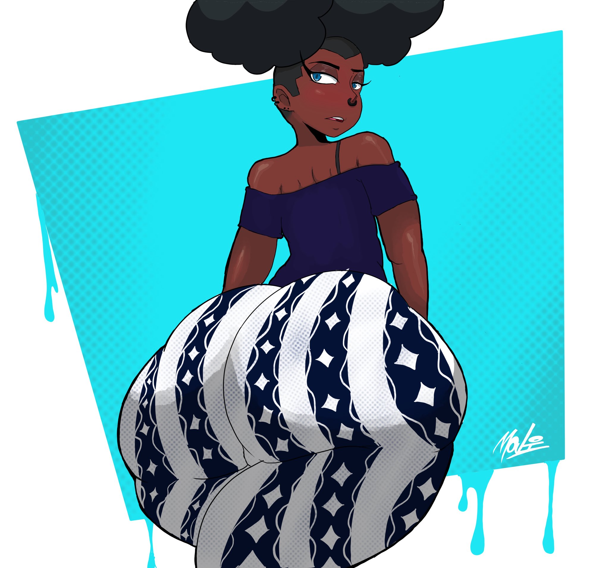 afro puffs, artist logo, artist request, ass, badonkadonk, big ass, black hair, blue eyes, ear piercing, earrings, ebony, ebony female, female, flare pants, forbidden pants, kiki (spicymoji), nose piercing, oc, original, original character, simple background, spicymoji, voluptuous, voluptuous female