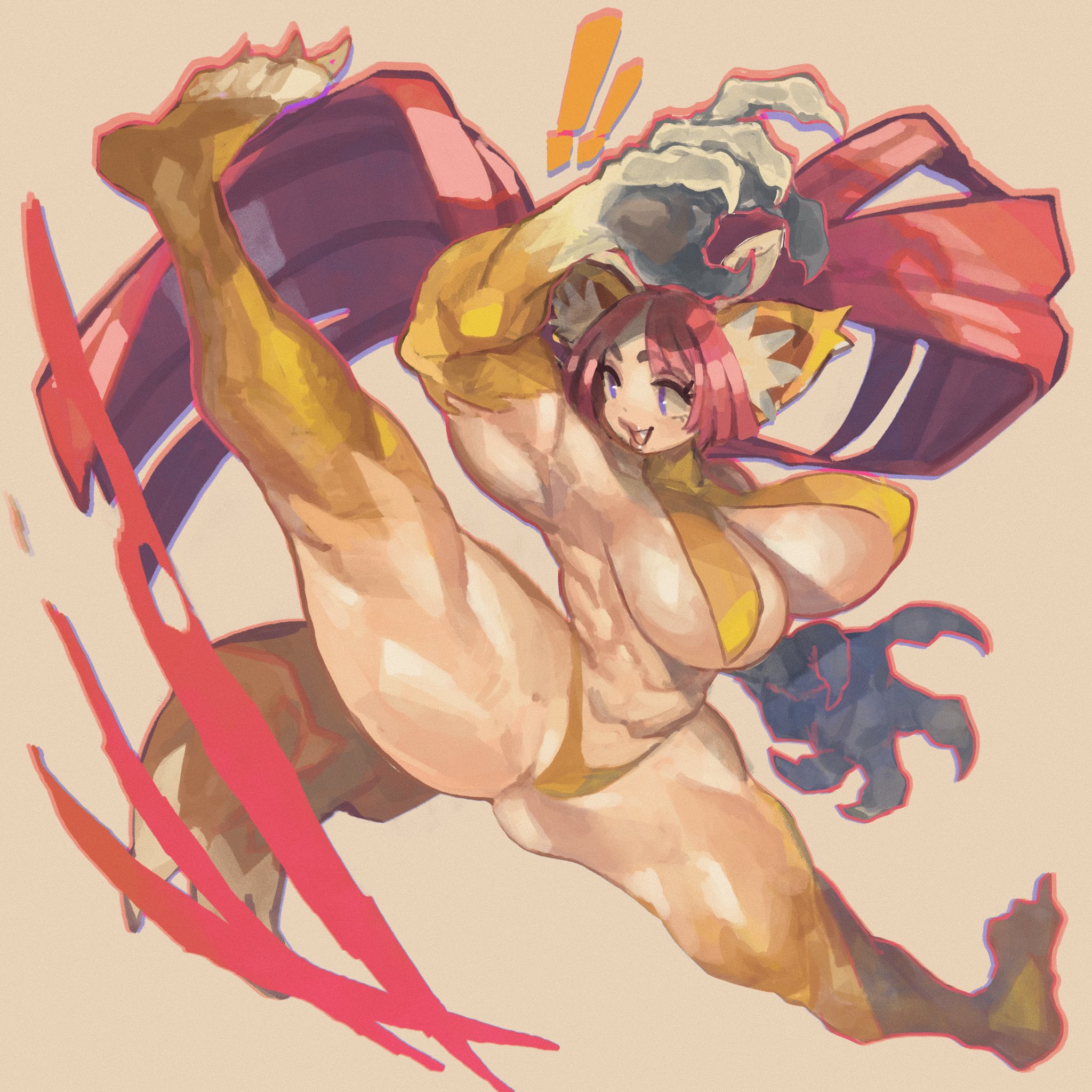 1girls, almost naked, breasts, cat ears, cat girl, catgirl, claws, disgaea, female, fur, keziedra, kick, muscular, muscular female, nekomata (disgaea), smile, thick thighs