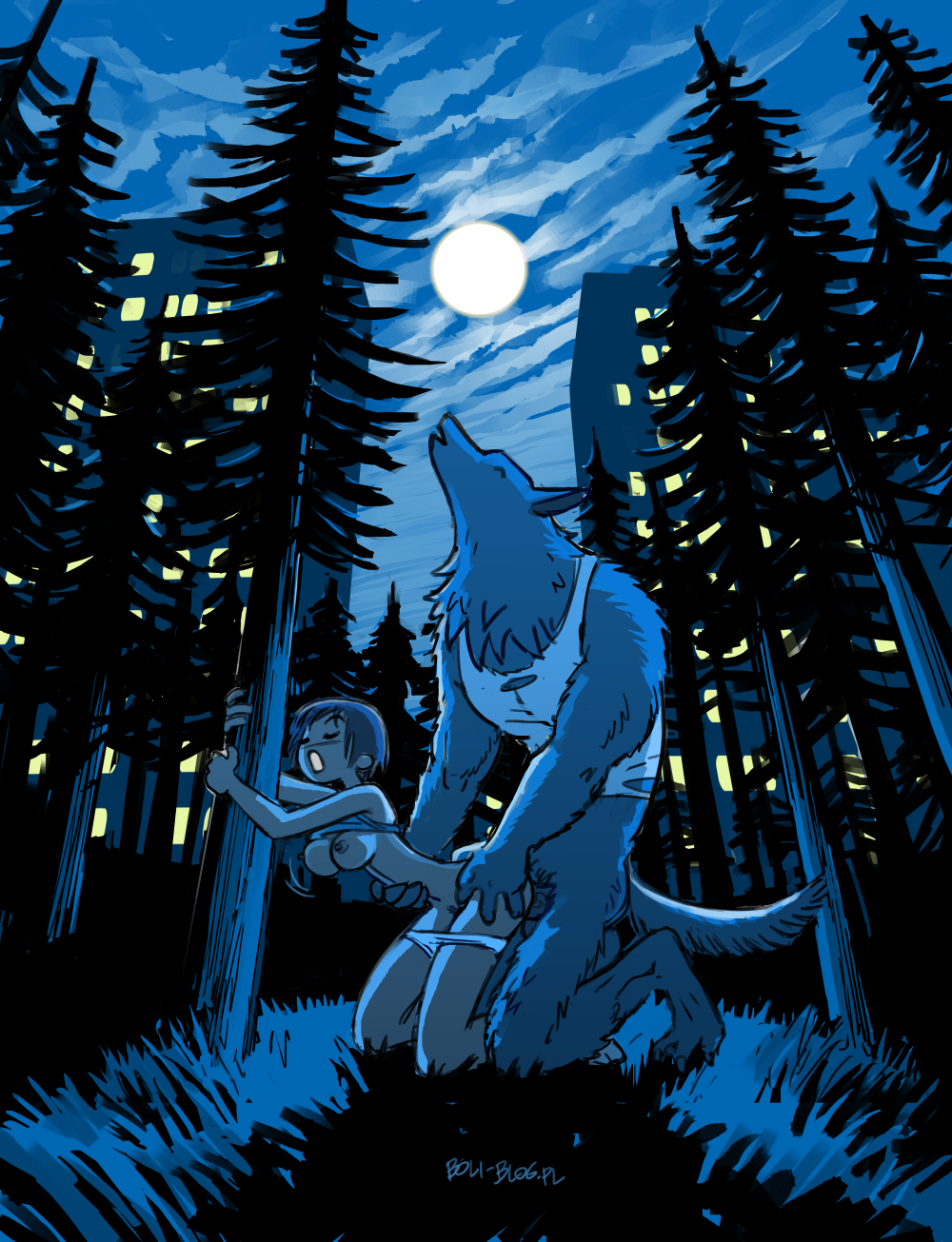 after_transformation against_natural_surface against_surface against_tree ambiguous_penetration anthro au69 blush bottomless bottomwear bottomwear_down bouncing_breasts breasts bslls building canid canine city city_background claws closed_eyes clothed clothing doggy_style duo evergreen_tree female from_behind_position full_moon fur genitals grass grey_body grey_fur hi_res howl human implied_transformation interspecies kneeling male mammal moon mythological_canine mythological_creature mythology navel night nude open_mouth outside outside_sex pants pants_down partially_clothed penetration penis pine_tree plant raised_clothing raised_head raised_shirt raised_topwear sex shirt signature size_difference star topwear torn_clothing tree werecanid werecanine werecreature werewolf wolf