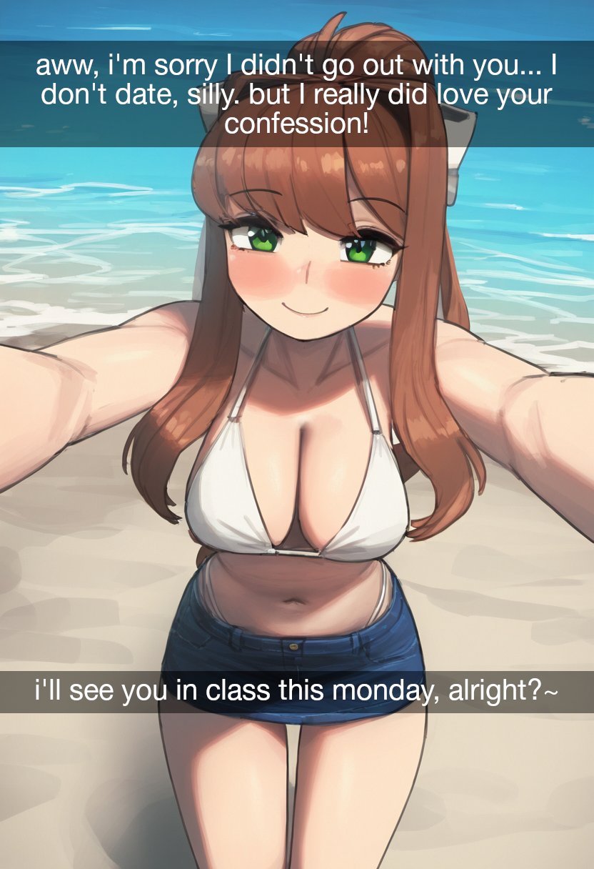 1girls, ai generated, beach, bikini, breasts, brown hair, cleavage, doki doki literature club, english text, female, green eyes, large breasts, light skin, light-skinned female, looking at viewer, maihateslosers, monika (doki doki literature club), rejection, selfie, sitting, skirt, snapchat, social media, solo, swimsuit, whale tail (clothing), white bikini