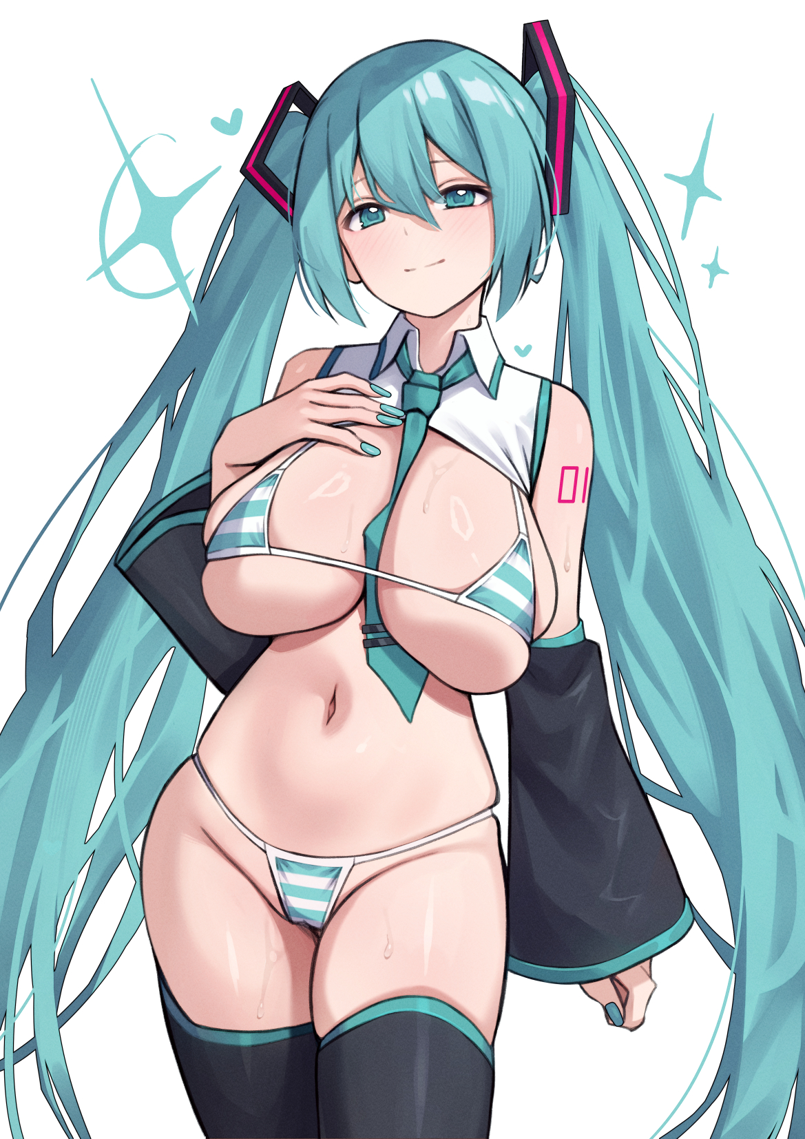 1girl, 1girls, alternate breast size, aqua bikini, aqua eyes, aqua hair, aqua nails, aqua necktie, aqua trim, bangs, between breasts, bikini, black sleeves, black thighhighs, blush, breasts, closed mouth, collared shirt, commentary, detached sleeves, english commentary, female, female only, fingernails, groin, hair between eyes, hair ornament, hand on own chest, hatsune miku, hatsune miku (collared bikini), heart, highres, huge breasts, kangbus, large breasts, long hair, long sleeves, looking at viewer, micro bikini, multicolored bikini, nail polish, navel, necktie, necktie between breasts, number tattoo, shiny skin, shirt, simple background, skindentation, smile, solo, stomach, striped, striped bikini, striped clothes, sweat, swimsuit, tattoo, thighhighs, thighs, twintails, two-tone bikini, very long hair, vocaloid, white background, white bikini, white shirt